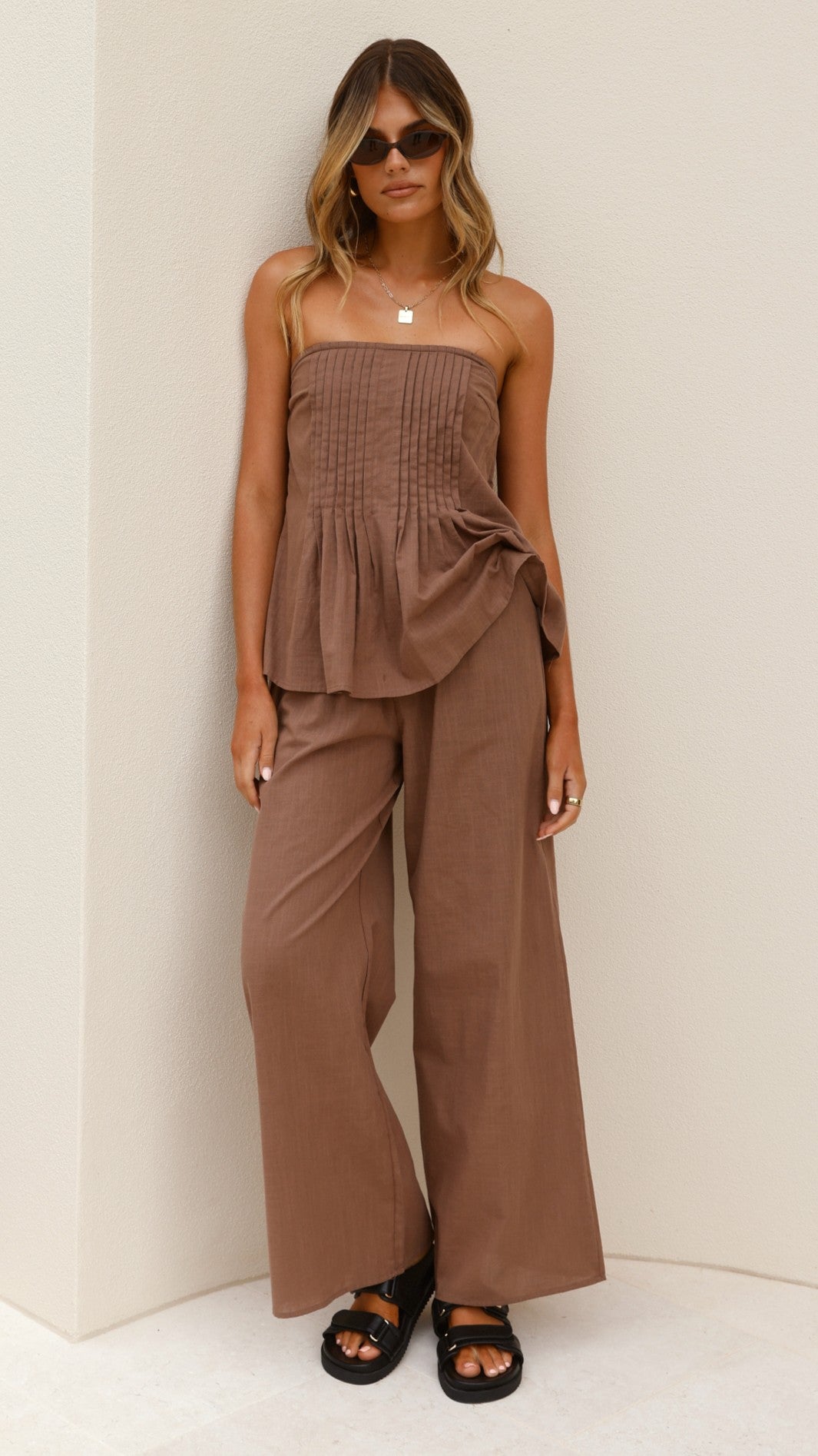 Sharni Strapless Pleat Top and Pants Set - Chocolate - Billy J