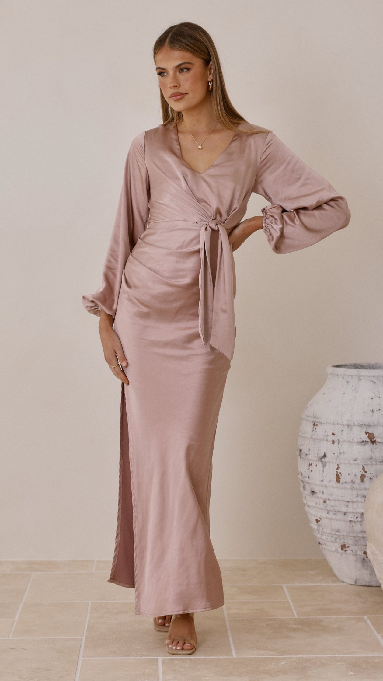 Ivy Long Sleeve Tie Front Maxi Dress - Dusty Pink - Billy J