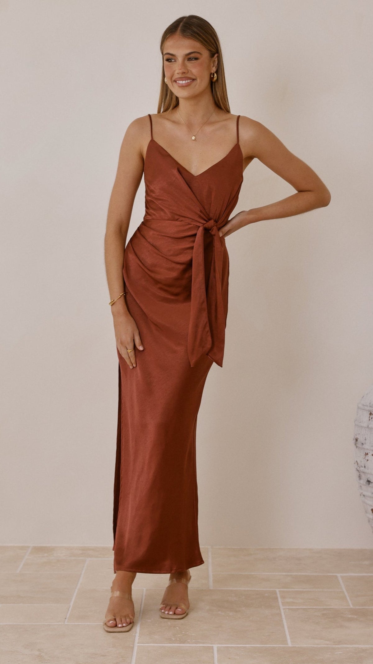 Yasmeen Tie Front Maxi Dress - Rust - Billy J