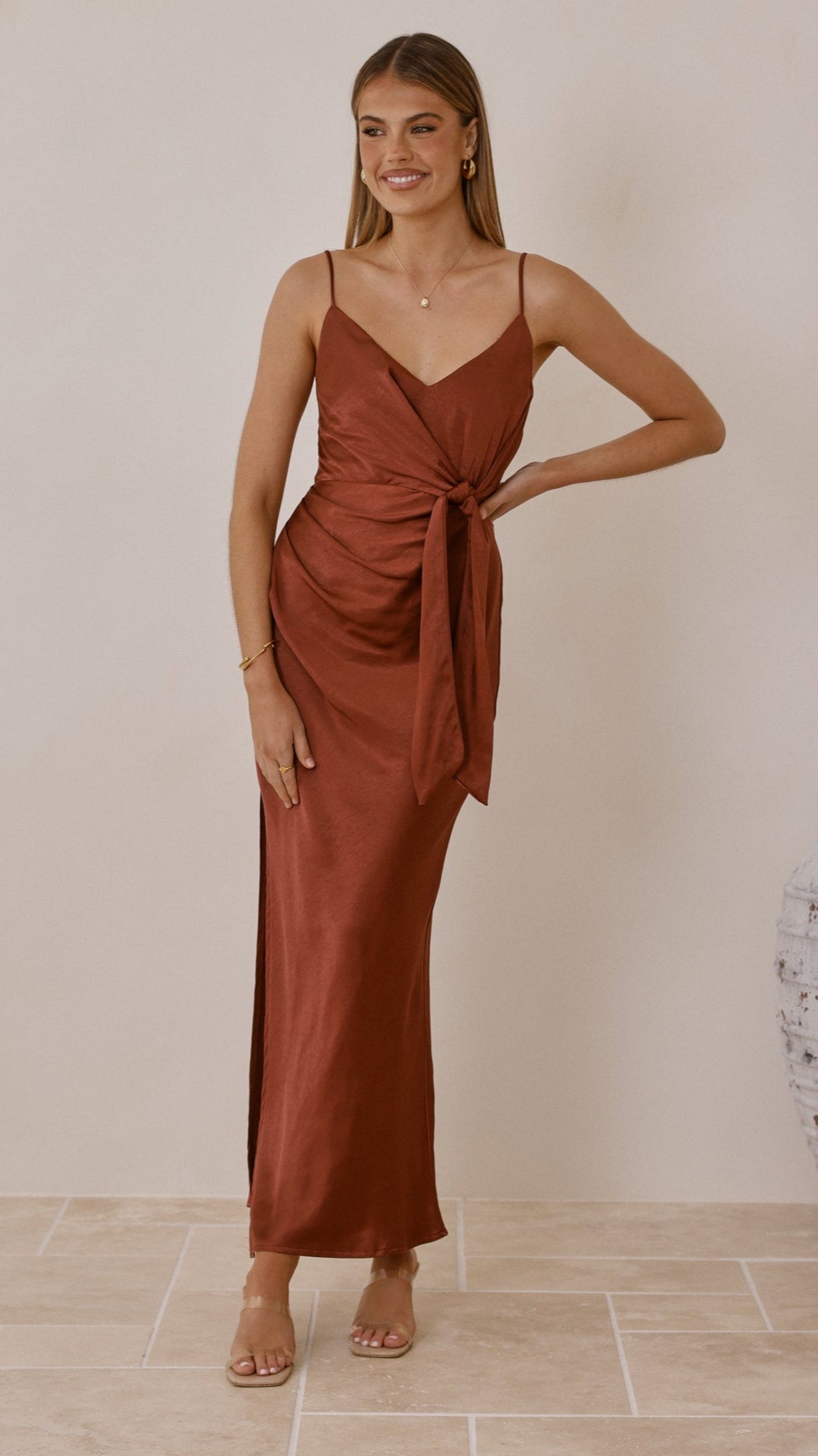 Yasmeen Tie Front Maxi Dress - Rust - Billy J