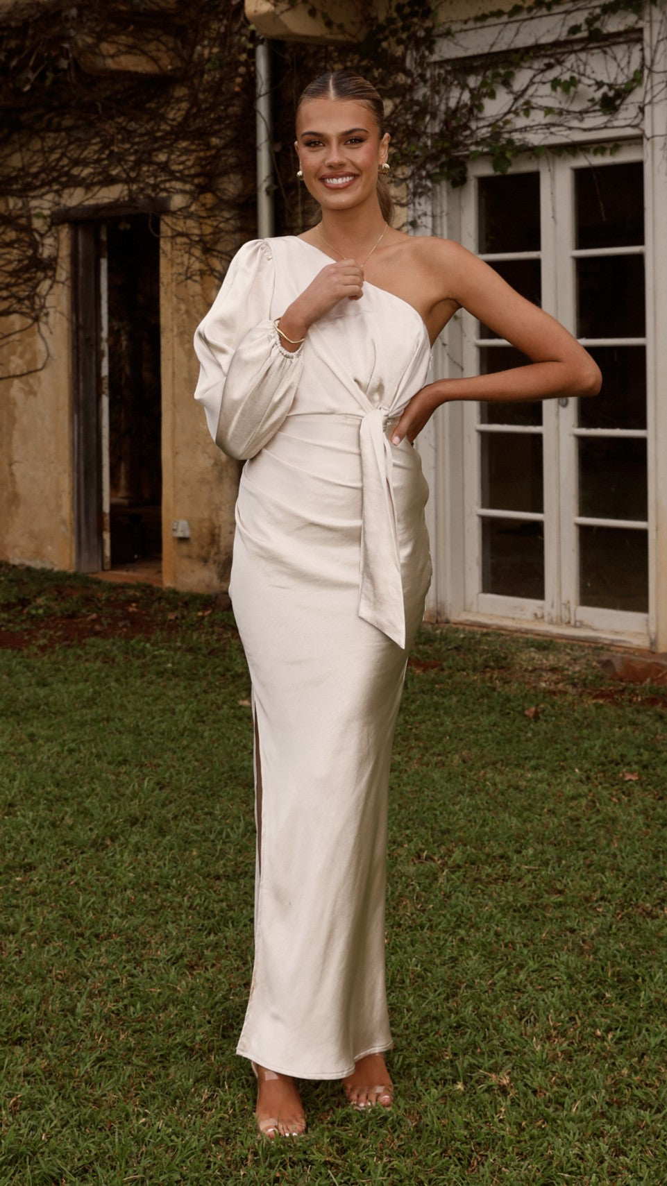 Eden One Shoulder Tie Front Maxi Dress - Champagne - Billy J