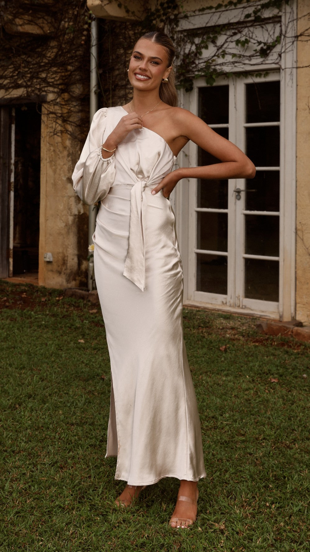 Eden One Shoulder Tie Front Maxi Dress - Champagne - Billy J