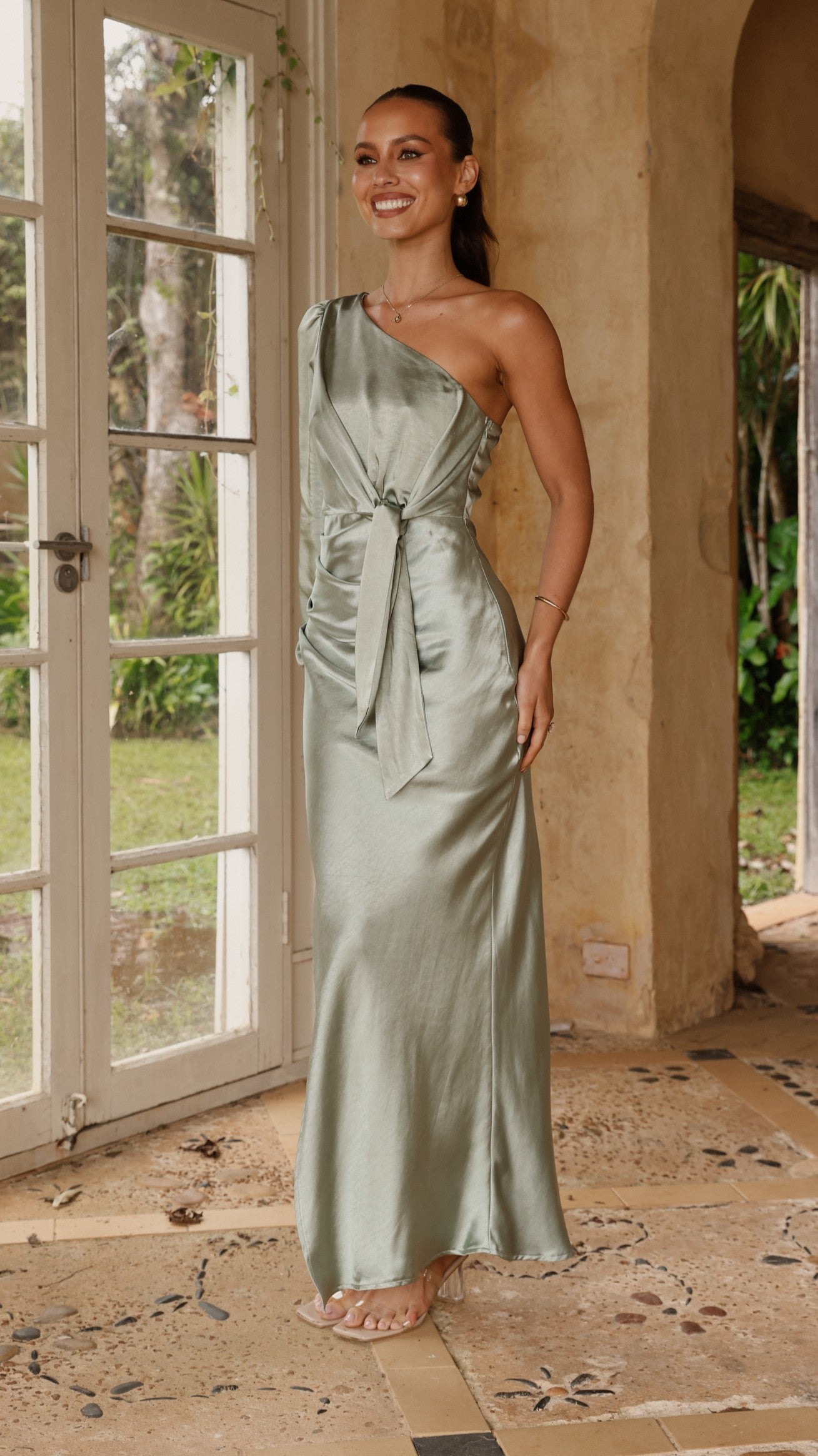 Eden One Shoulder Tie Front Maxi Dress - Sage - Billy J