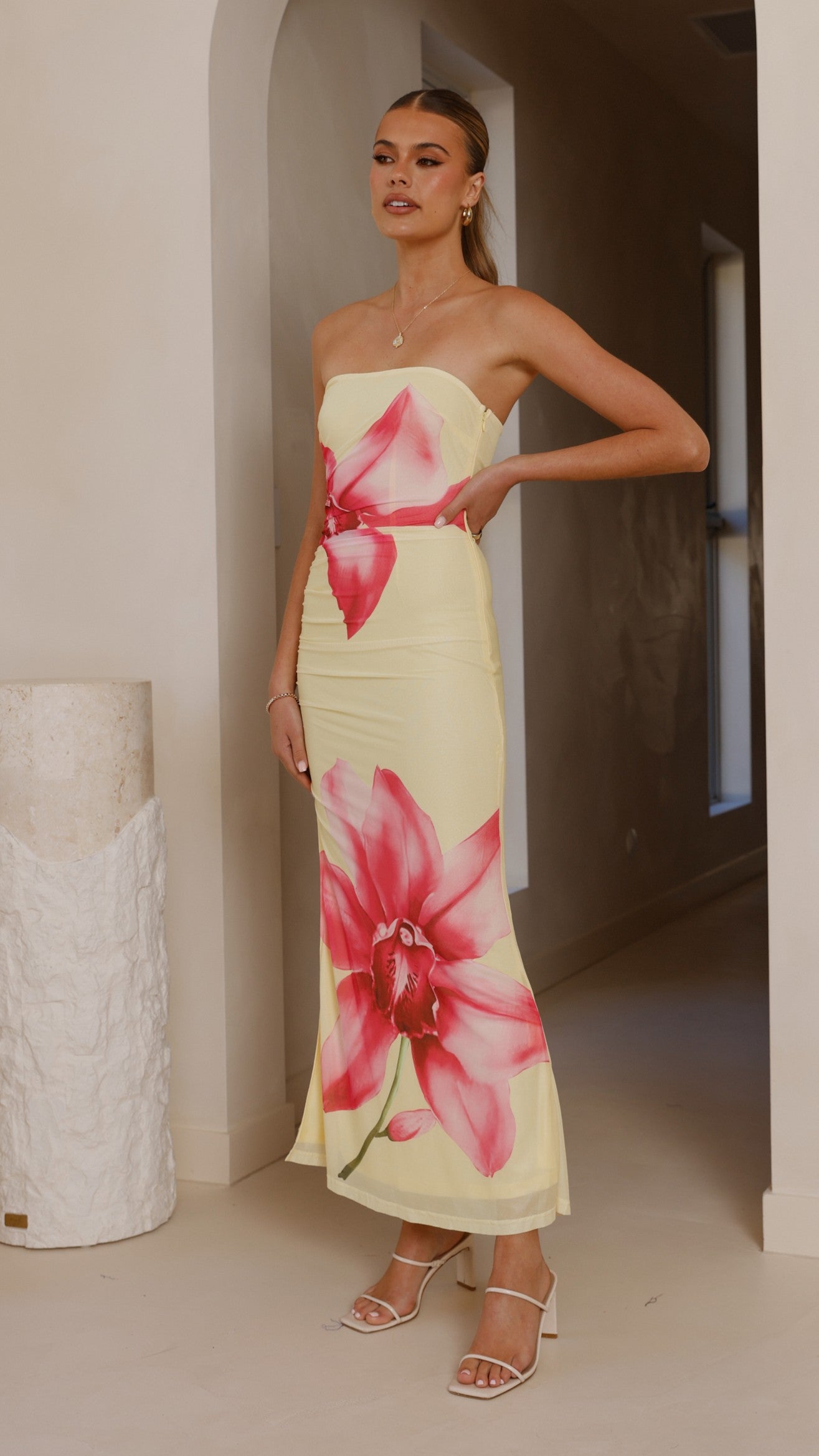 Brittani Strapless Maxi Dress - Yellow/Pink - Billy J
