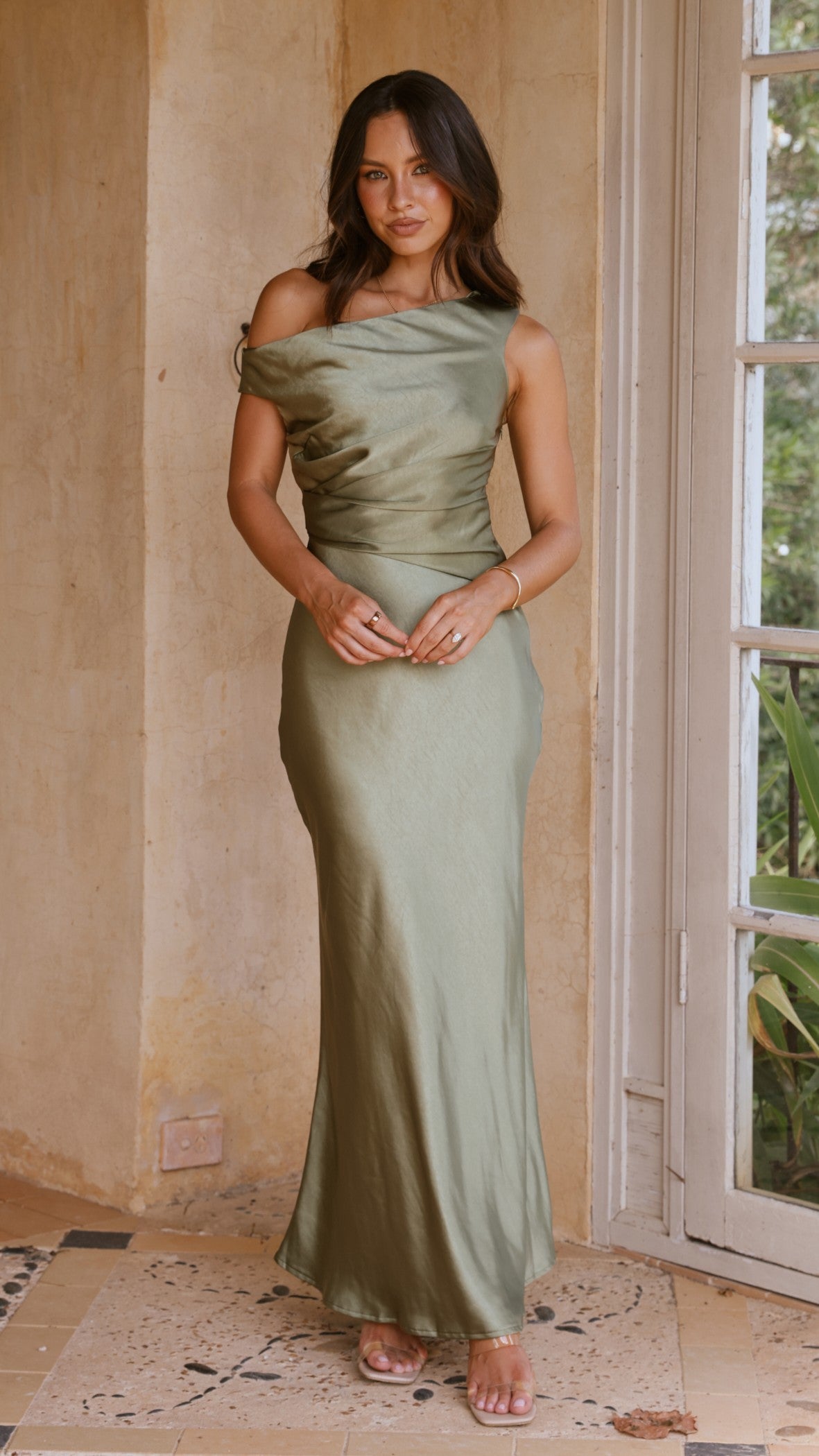 olive green off the shoulder maxi dress Elegant Olive off-the-shoulder silk maxi dress XL / 10 / Olive