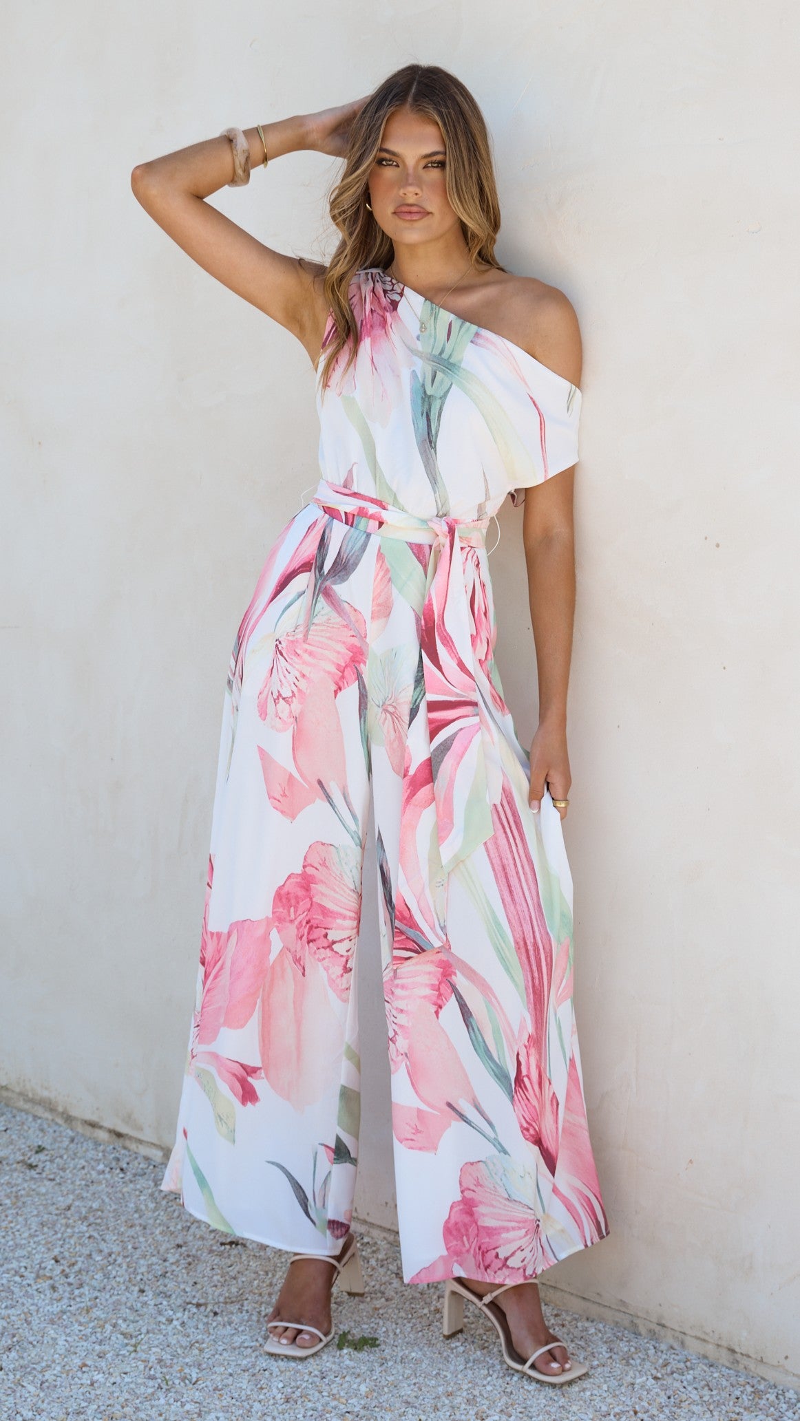 Oasis One Shoulder Jumpsuit - Pink Floral - Billy J