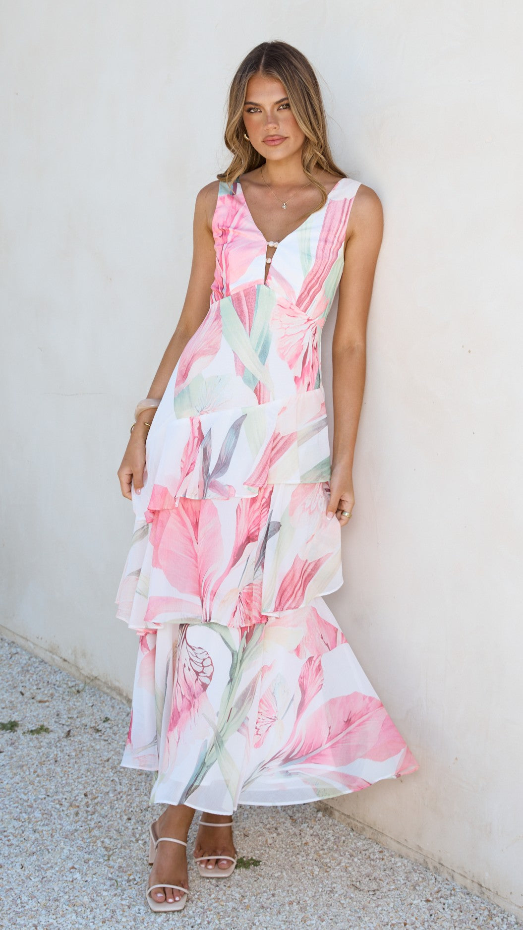 Reina Tiered Maxi Dress - Pink Floral - Billy J