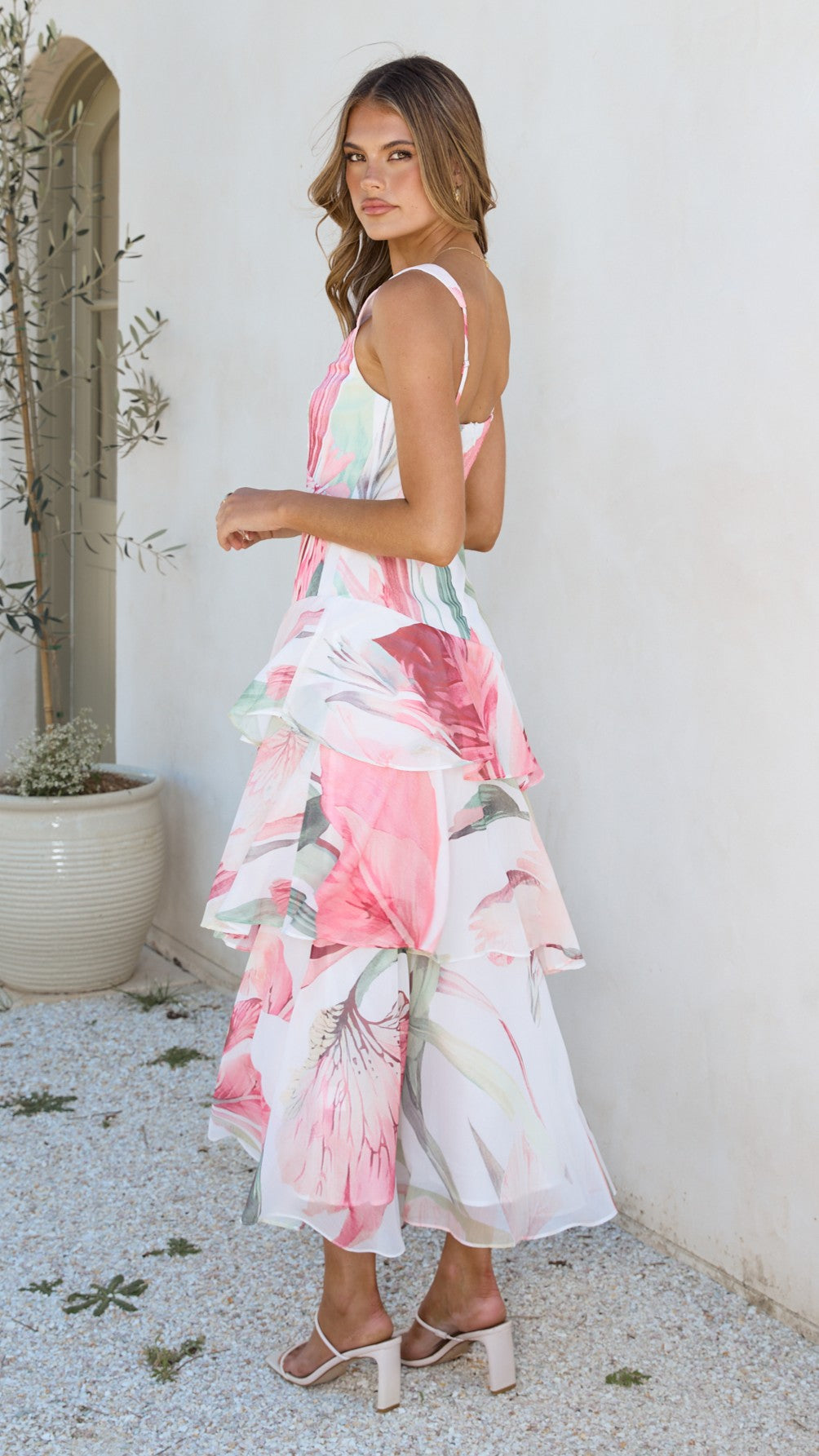 Reina Tiered Maxi Dress - Pink Floral - Billy J