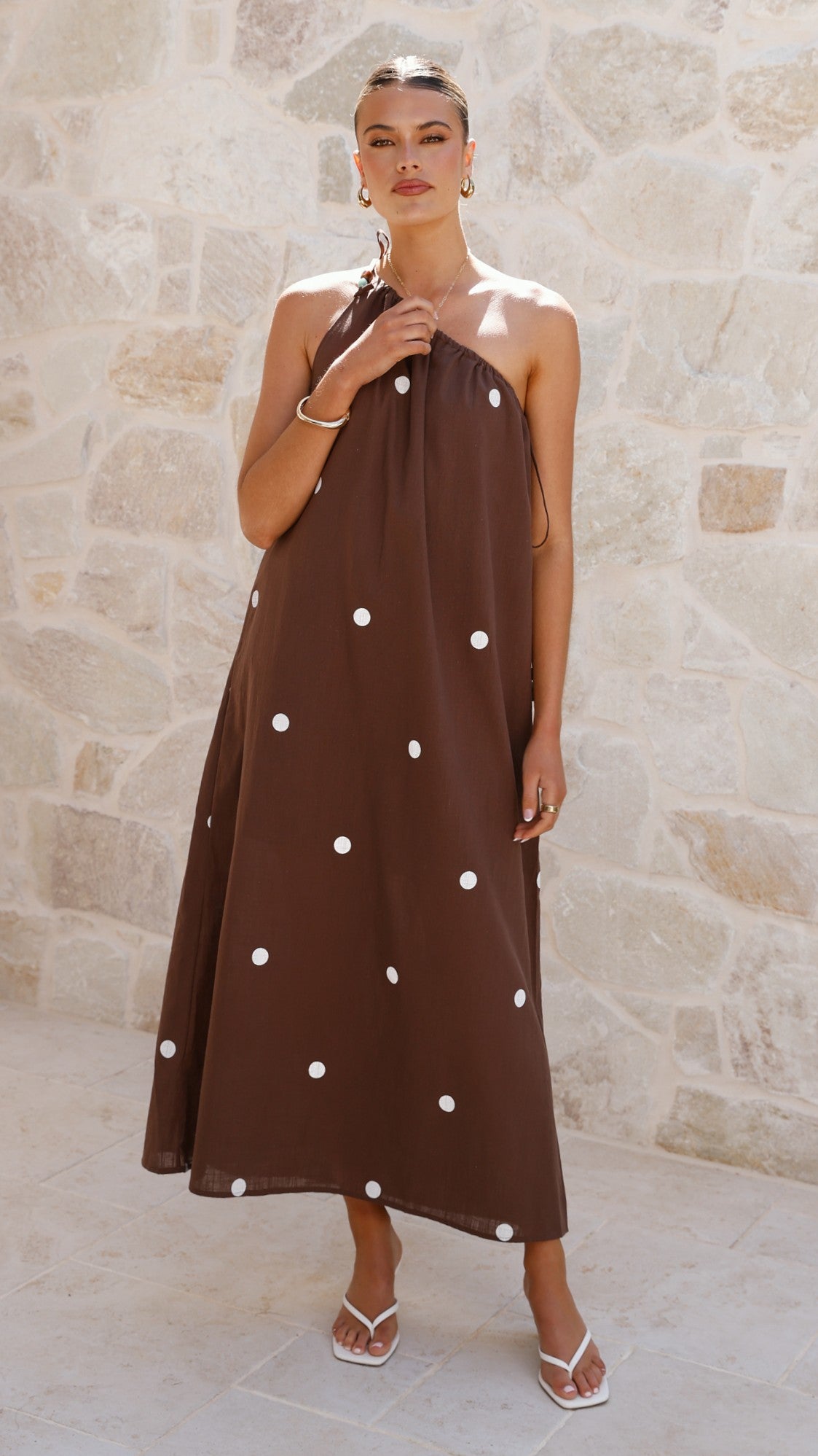 Nasira One Shoulder Maxi Dress - Chocolate / White Polka Dot - Billy J