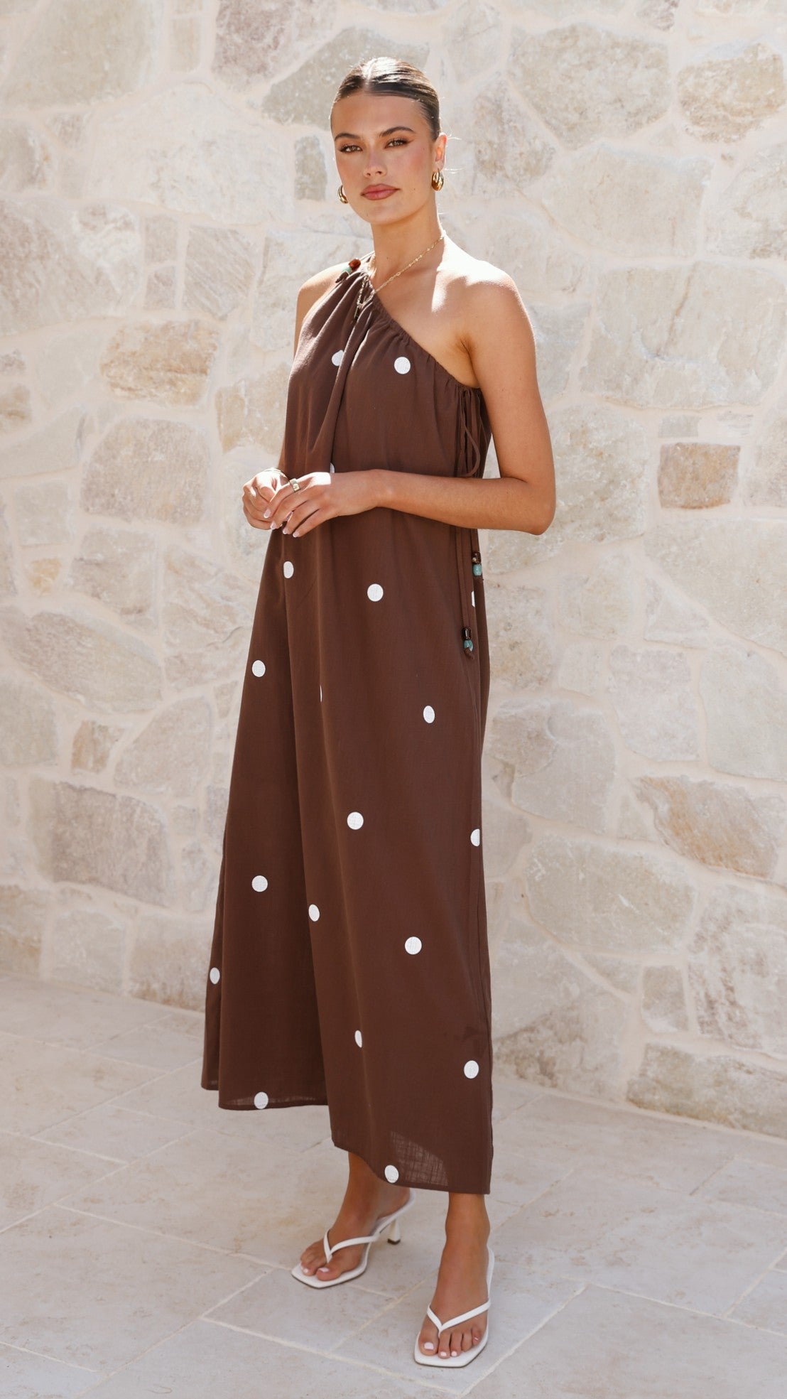 Nasira One Shoulder Maxi Dress - Chocolate / White Polka Dot - Billy J