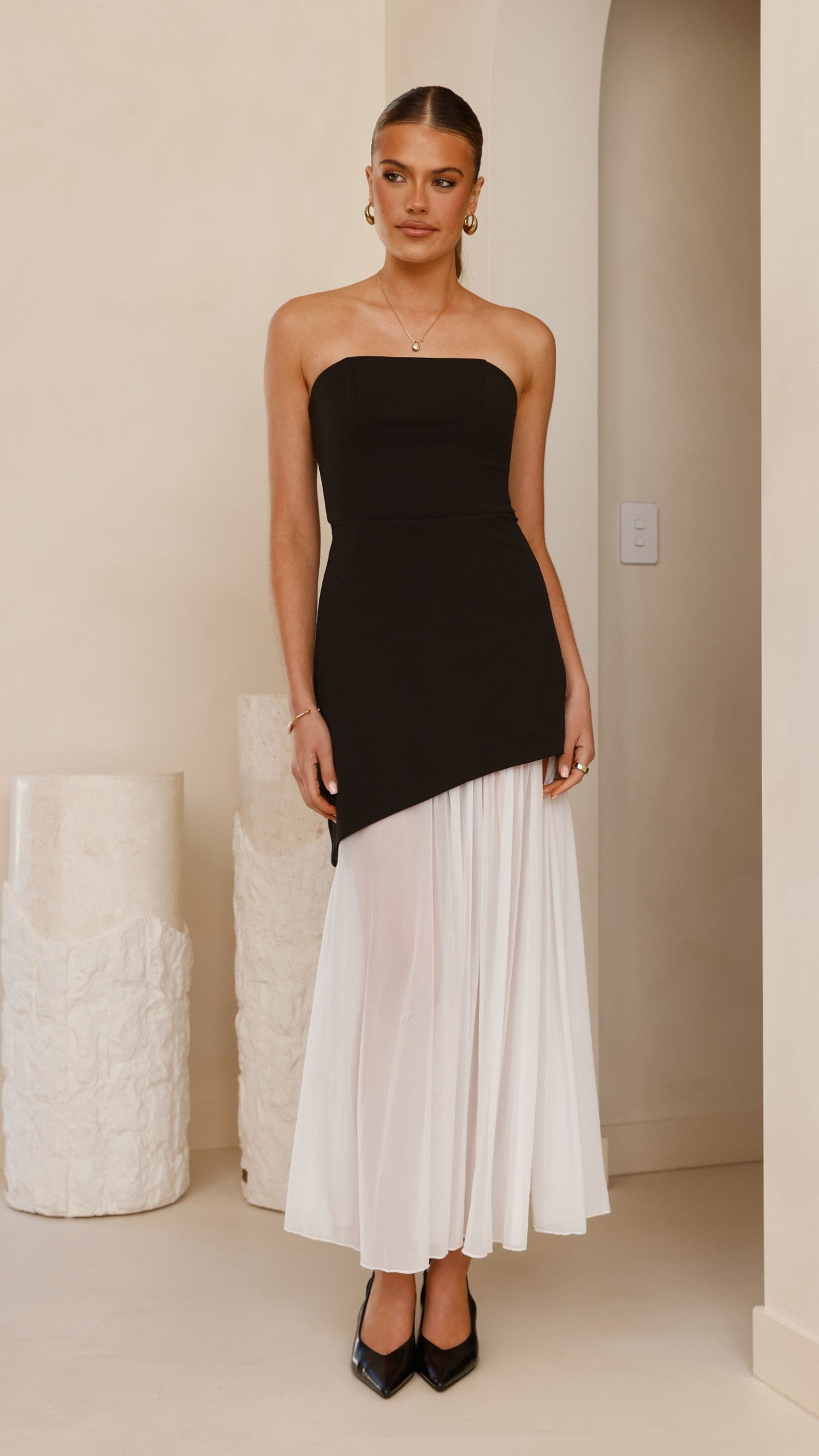 Fenella Asymmetrical Maxi Dress - Black / White - Billy J