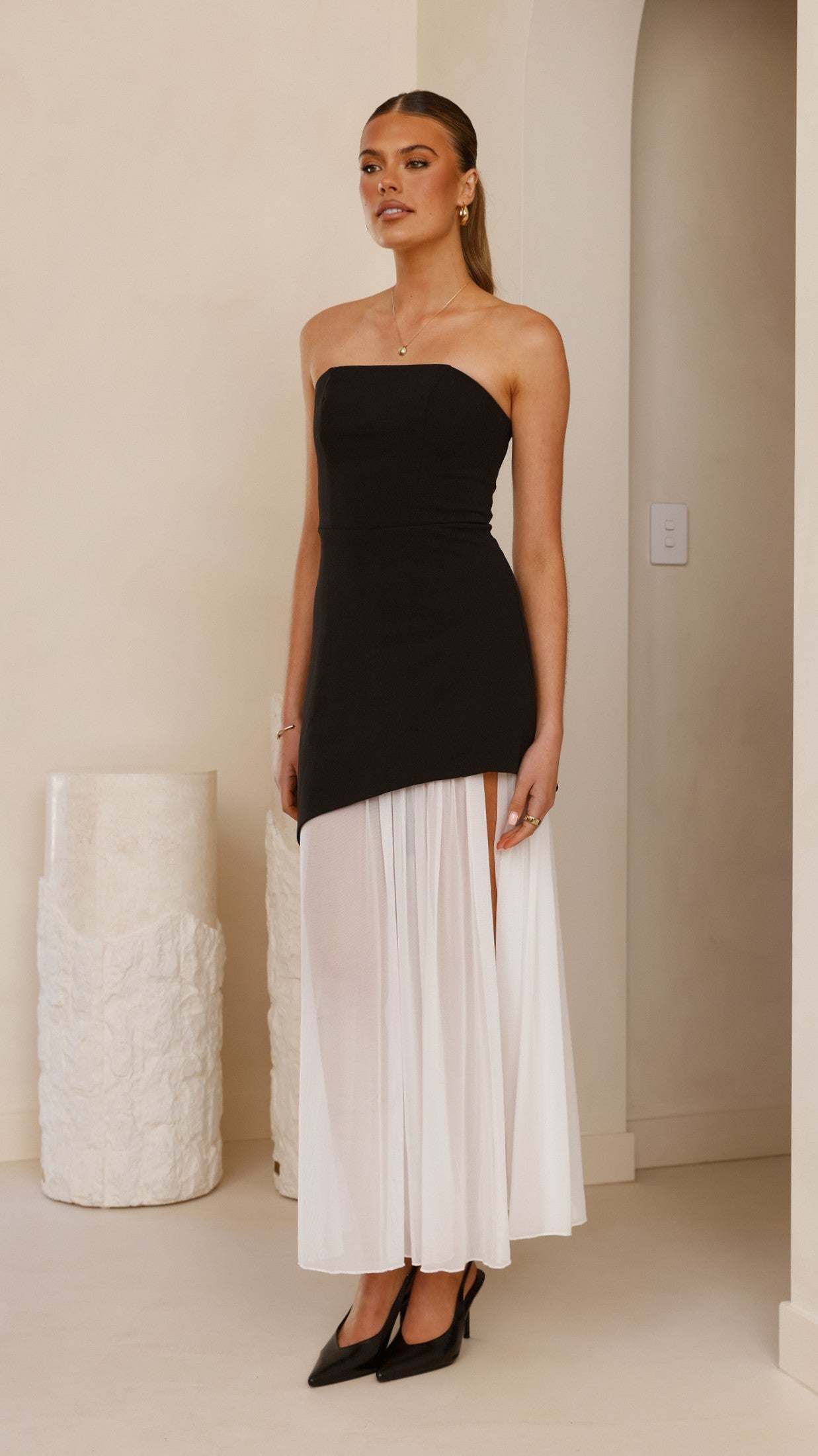 Fenella Asymmetrical Maxi Dress - Black / White - Billy J