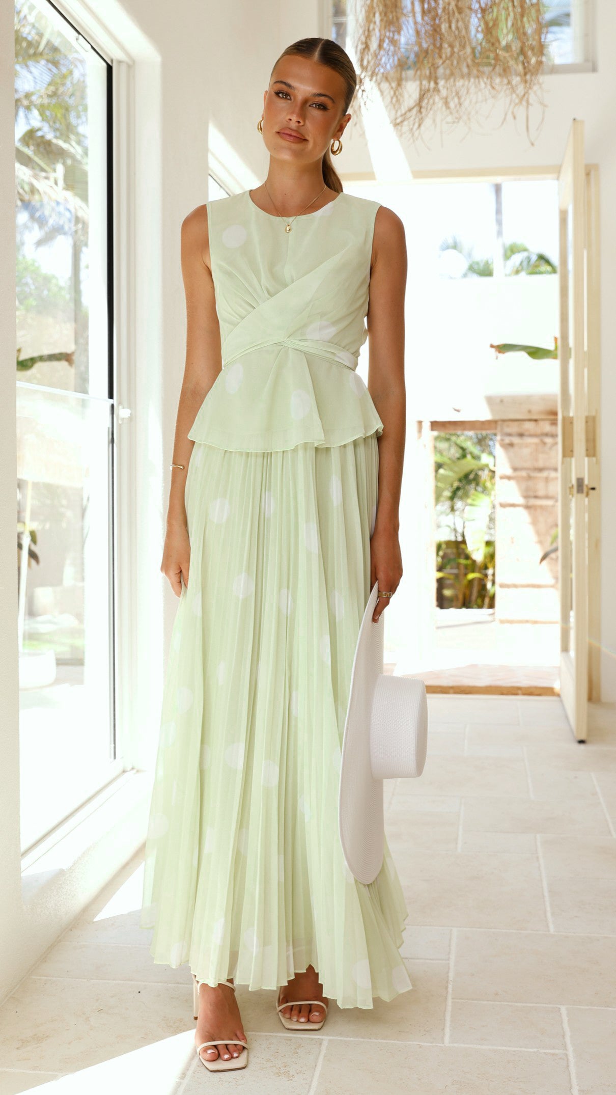 Cambree Peplum Top and Maxi Skirt Set - Sage / White Polka Dot - Billy J