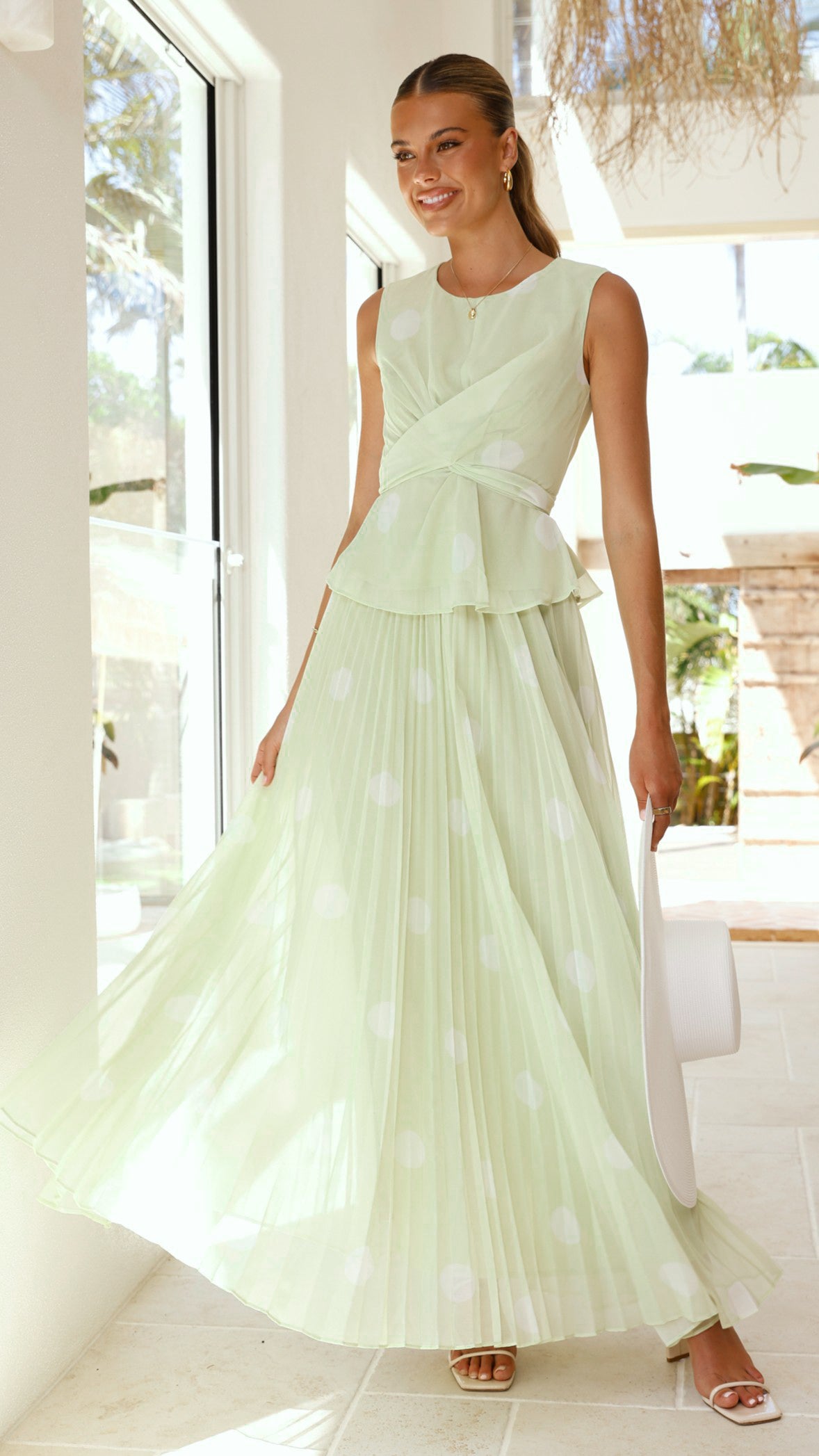 Cambree Peplum Top and Maxi Skirt Set - Sage / White Polka Dot - Billy J