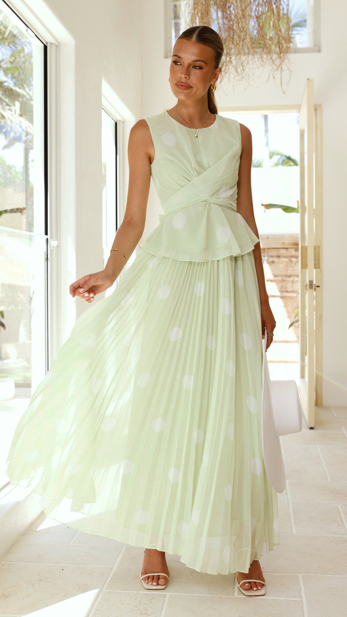Cambree Peplum Top and Maxi Skirt Set - Sage / White Polka Dot - Billy J