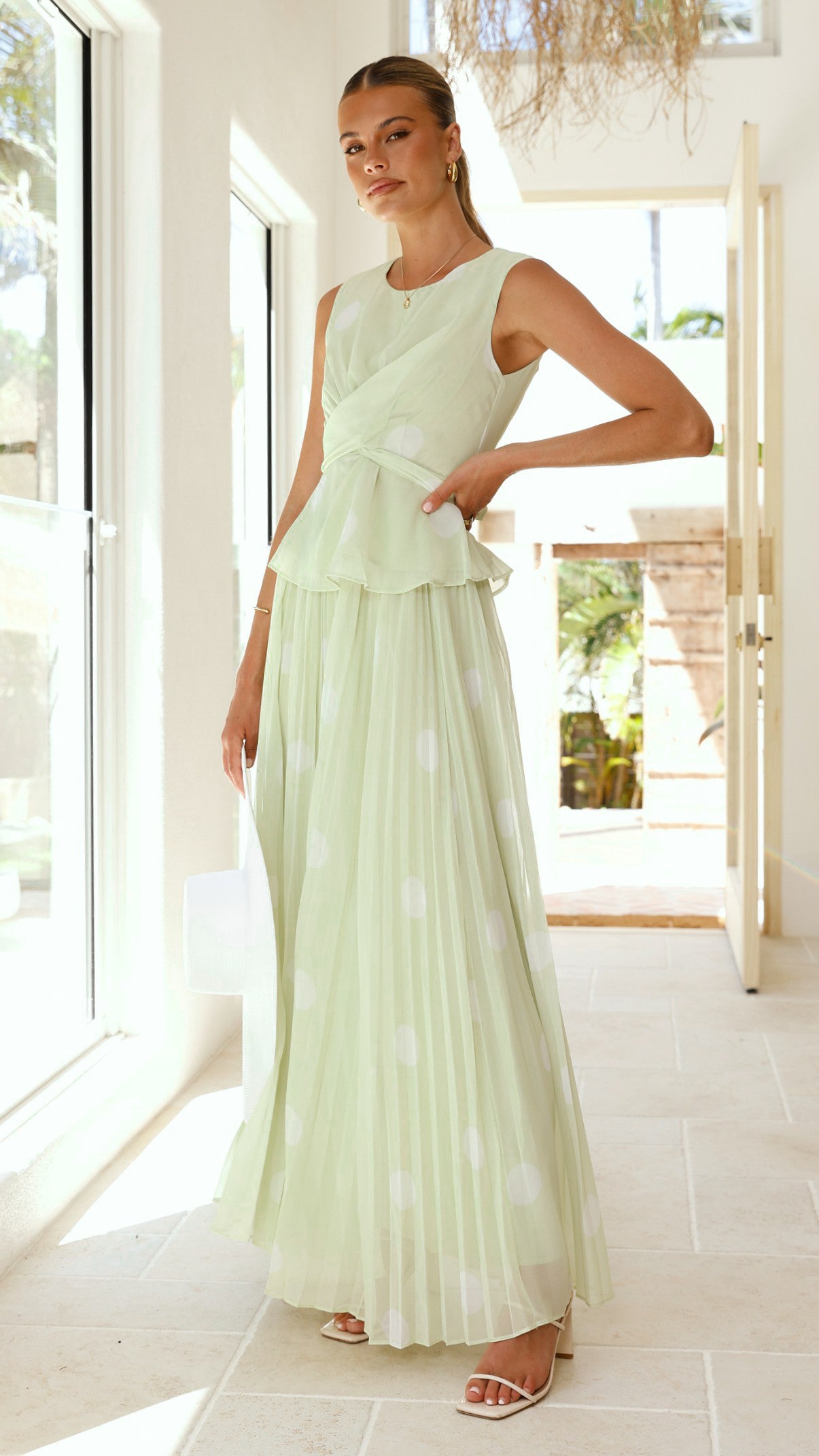 Cambree Peplum Top and Maxi Skirt Set - Sage / White Polka Dot - Billy J