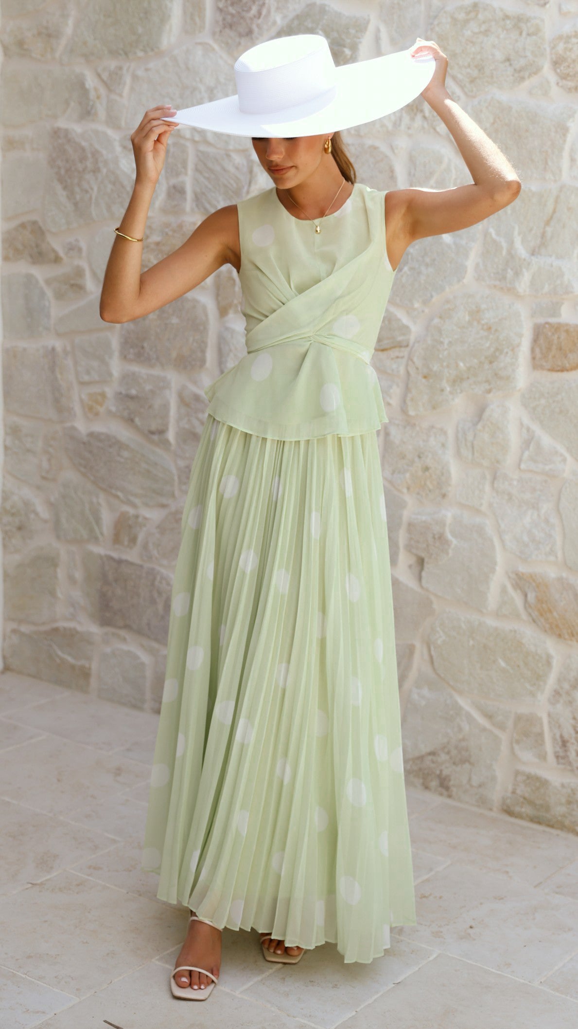 Cambree Peplum Top and Maxi Skirt Set - Sage / White Polka Dot - Billy J