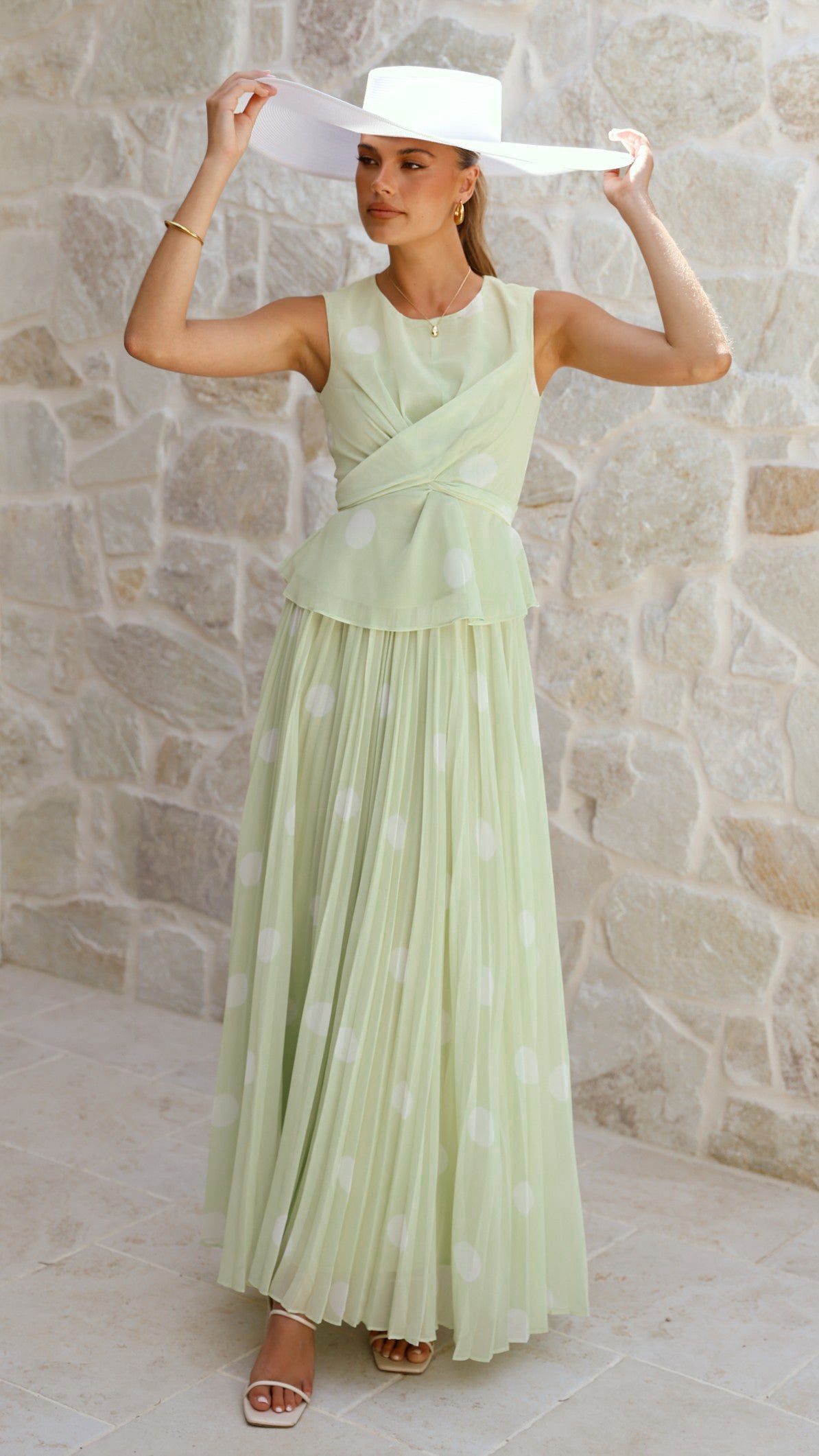 Cambree Peplum Top and Maxi Skirt Set - Sage / White Polka Dot - Billy J
