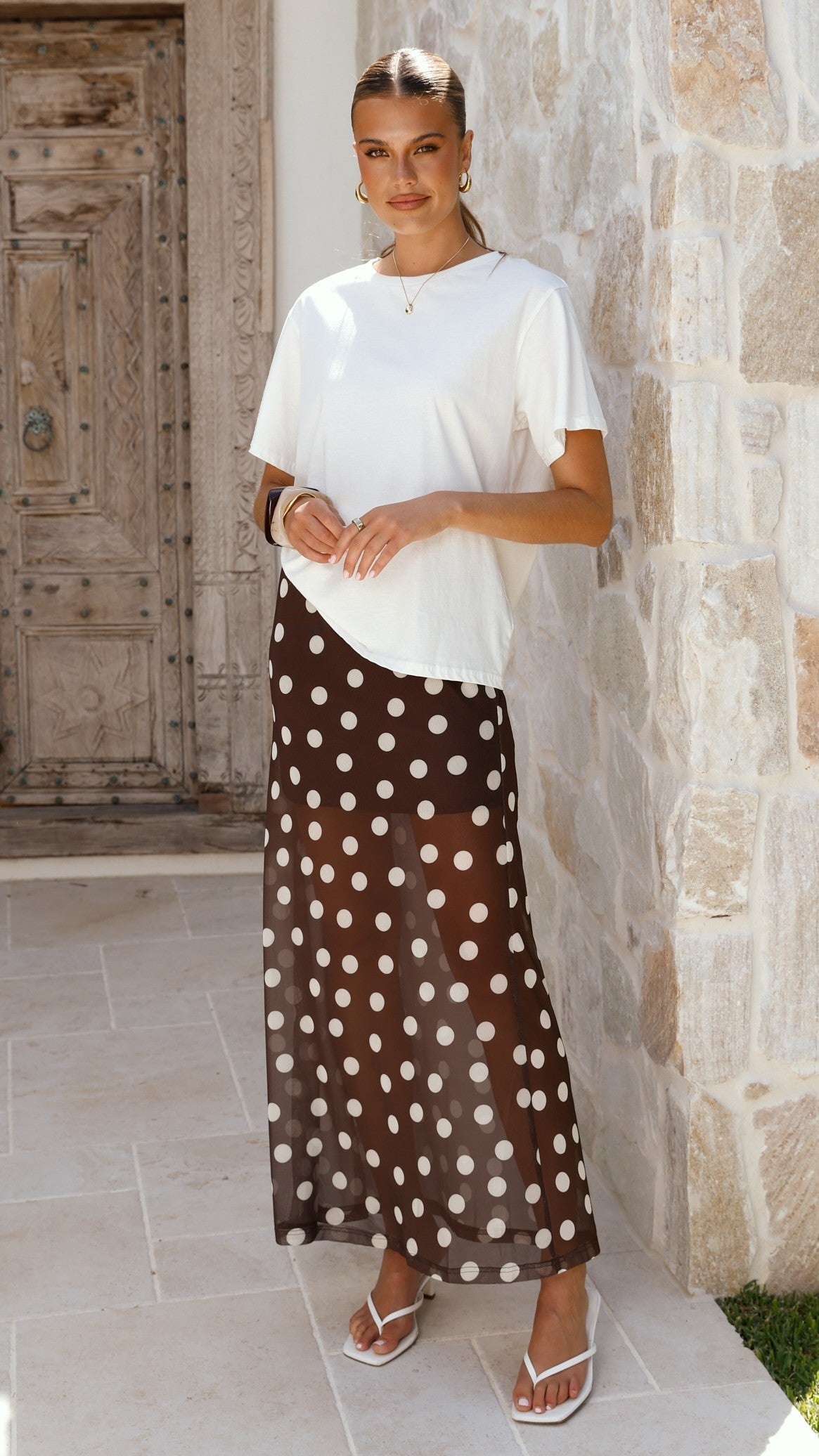 Onella Semi Sheer Maxi Skirt - Chocolate / White Polka Dot - Billy J