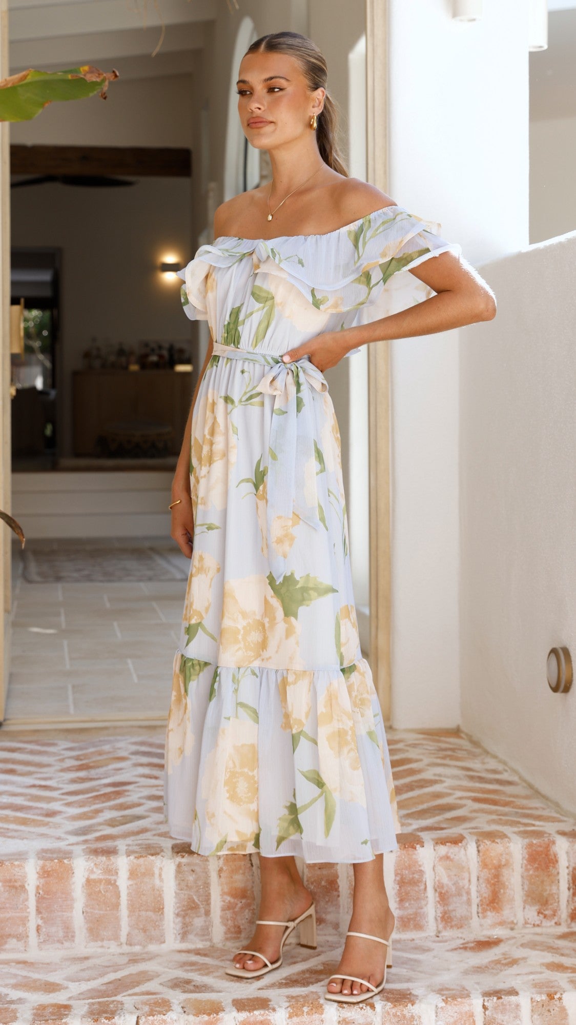 Chase Off Shoulder Maxi Dress - Blue/Peach Floral - Billy J