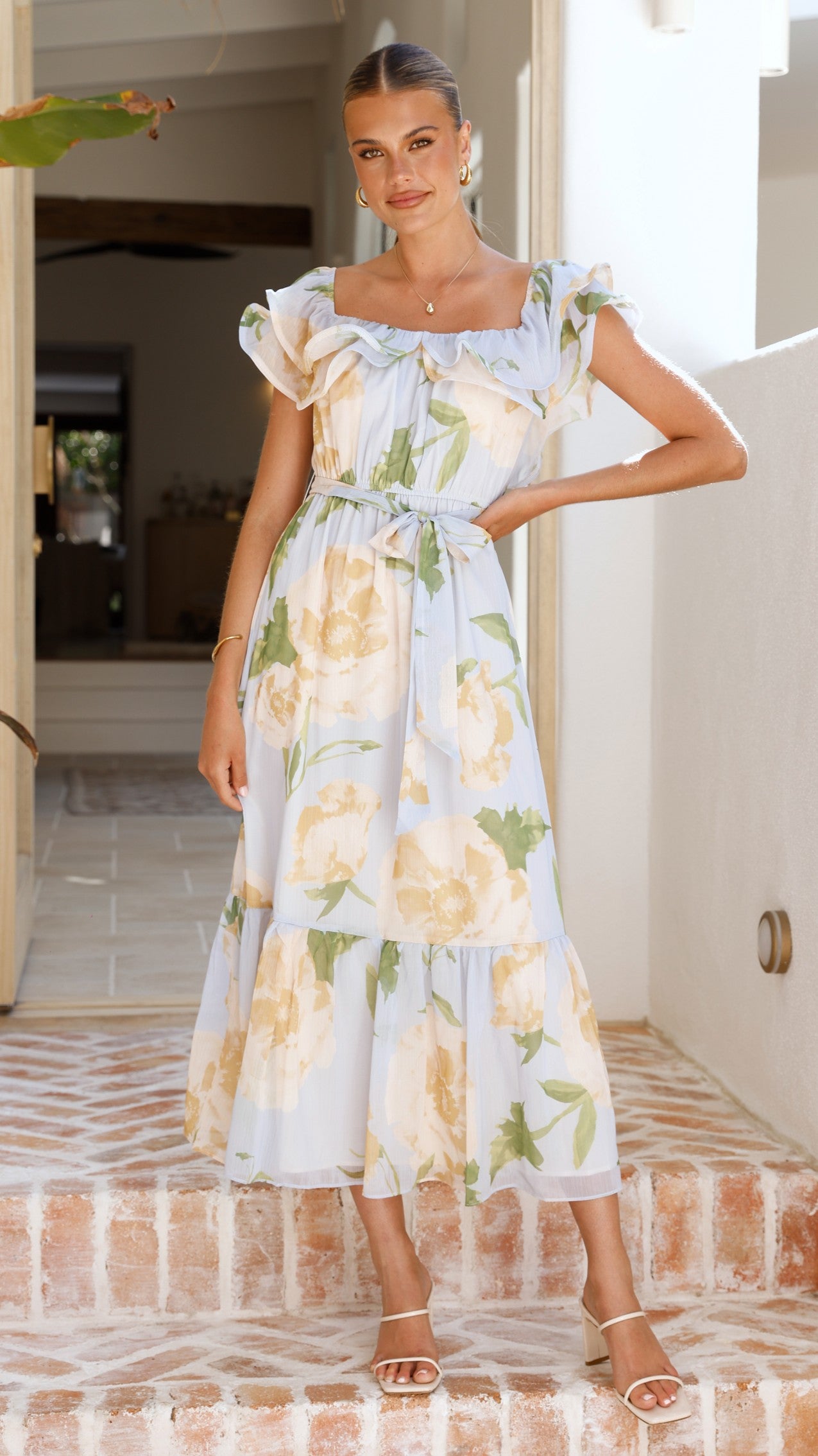 Chase Off Shoulder Maxi Dress - Blue/Peach Floral - Billy J