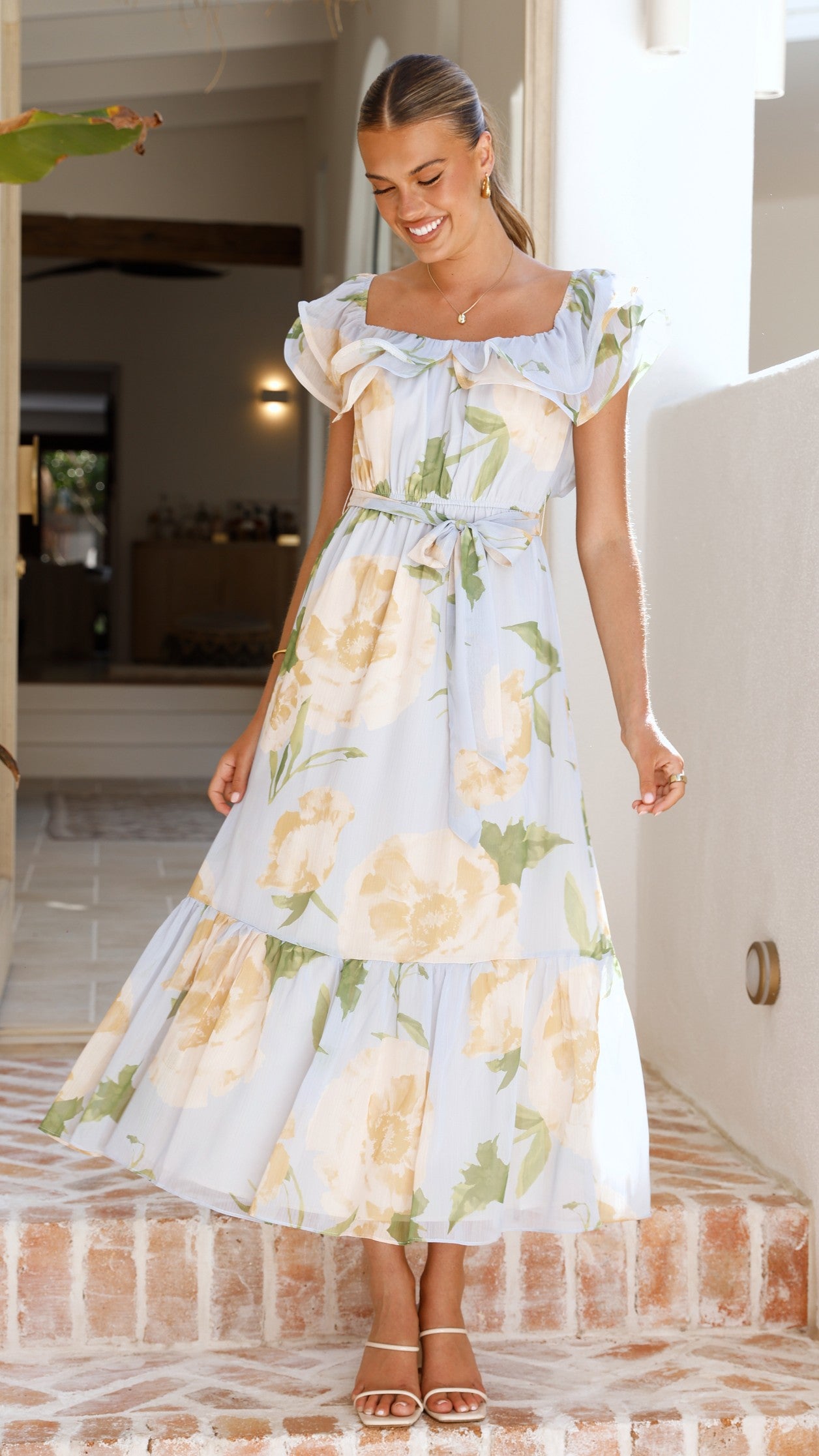 Chase Off Shoulder Maxi Dress - Blue/Peach Floral - Billy J