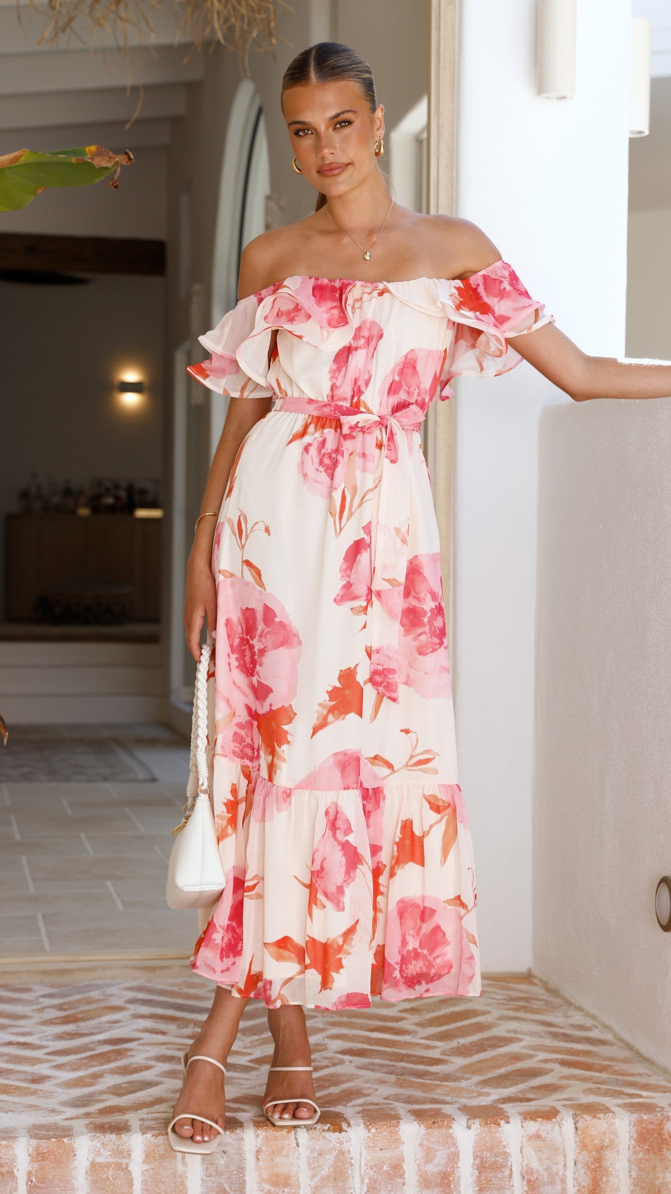 Chase Off Shoulder Maxi Dress- Pink Floral - Billy J