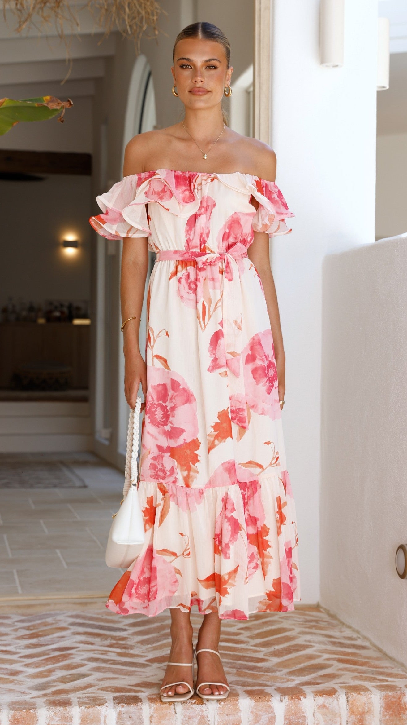 Chase Off Shoulder Maxi Dress- Pink Floral - Billy J