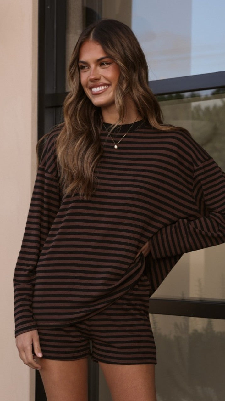 Flossie Long Sleeve Top and Shorts Set - Choc/Black Stripe - Billy J