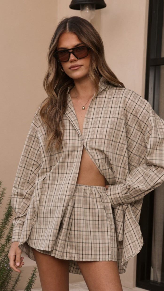 Arli Button Up Shirt - Beige/Brown Plaid - Billy J