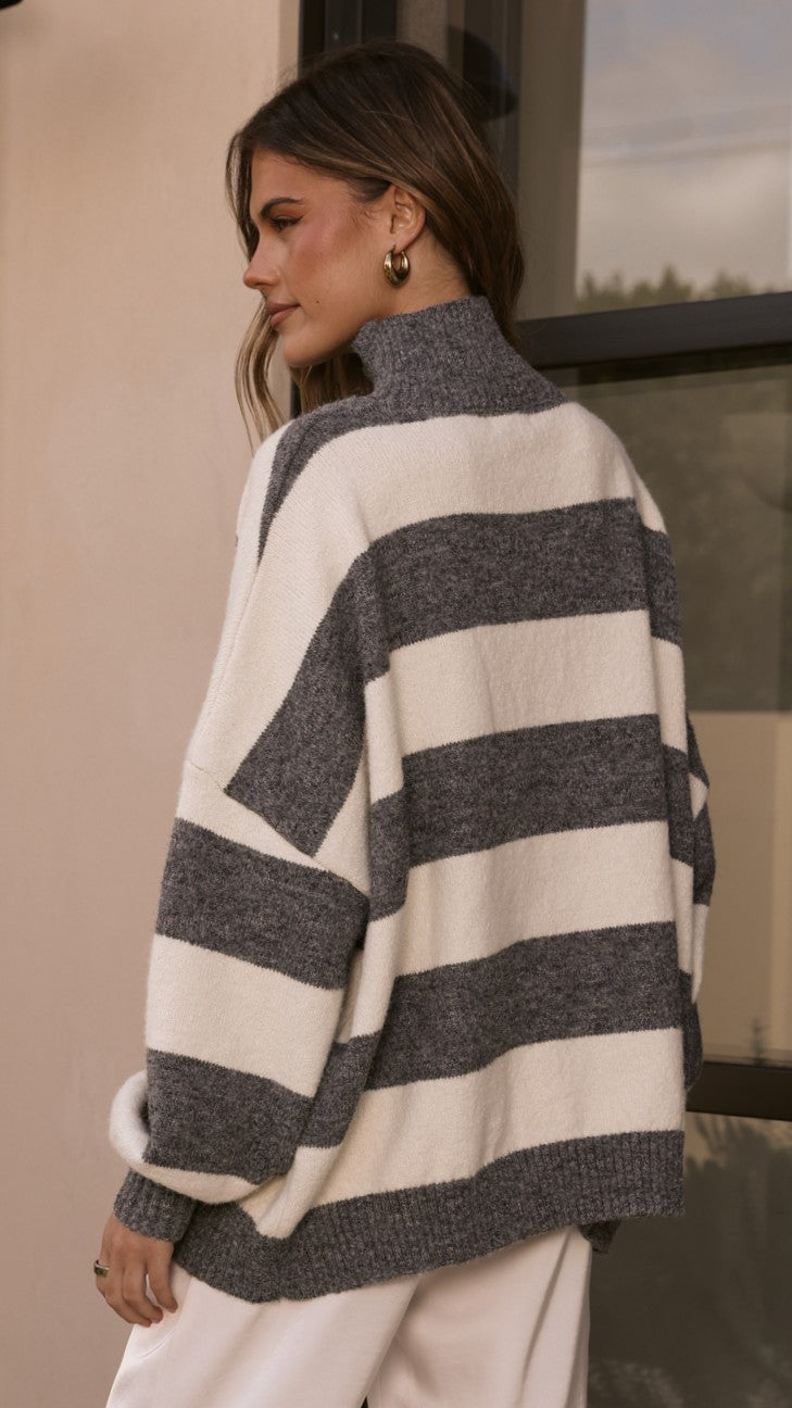 Harita Knitted Sweater - Grey/Cream Stripe - Billy J