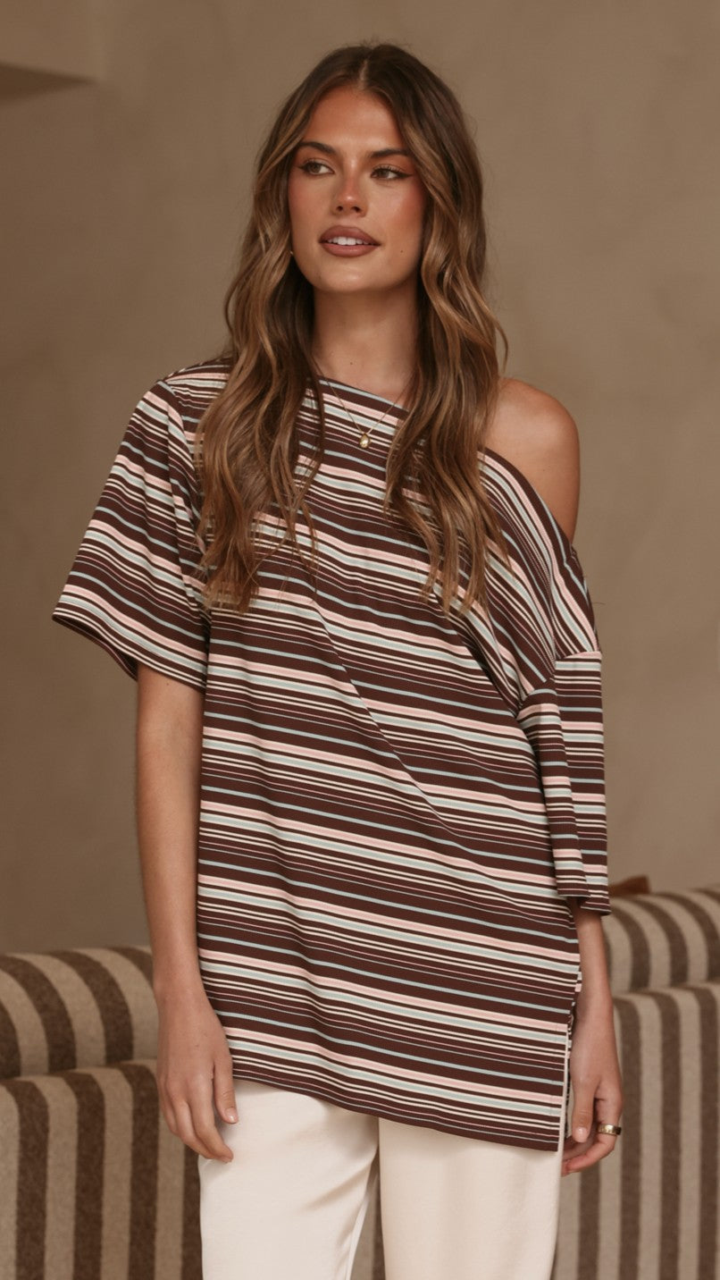 Pia One Shoulder Oversize Tee - Choc/Blue Stripe - Billy J