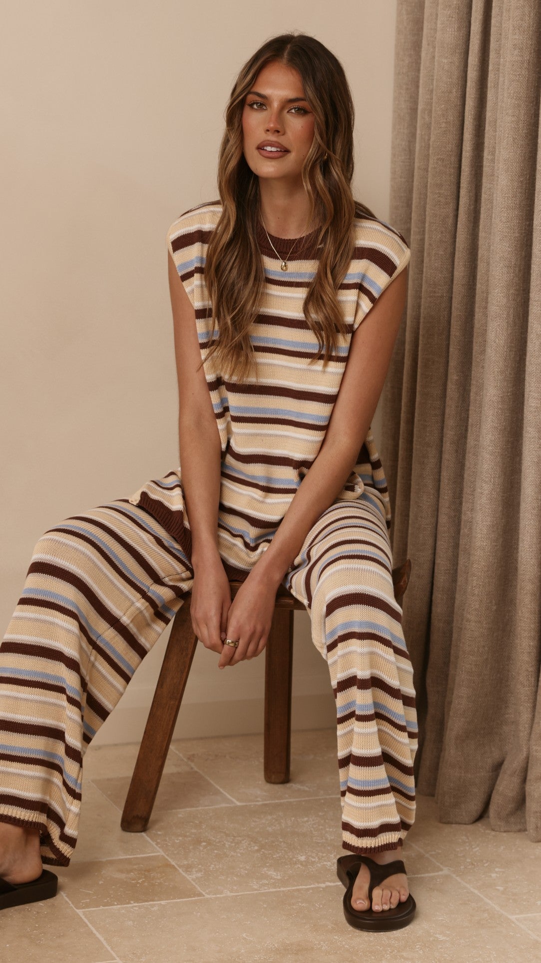 Florentine Knit Vest and Pants Set - Beige/Choc/Blue Stripe - Billy J