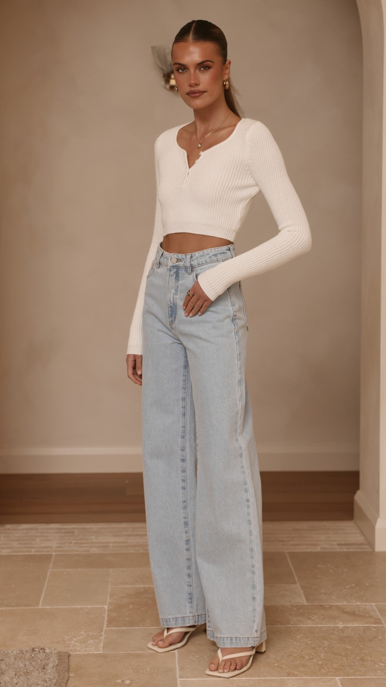 Lacy Long Sleeve Top - White - Billy J