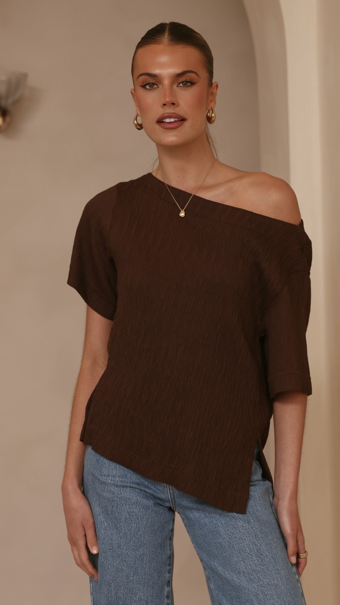 Aziel Off Shoulder Tee - Chocolate - Billy J