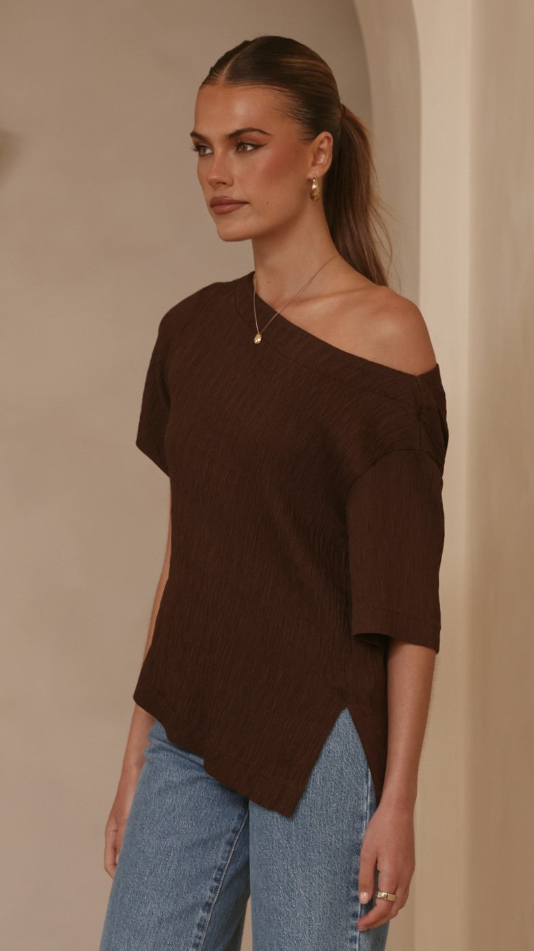Aziel Off Shoulder Tee - Chocolate - Billy J