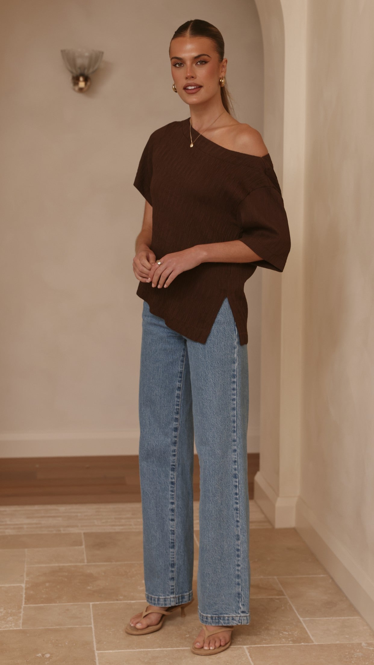 Aziel Off Shoulder Tee - Chocolate - Billy J