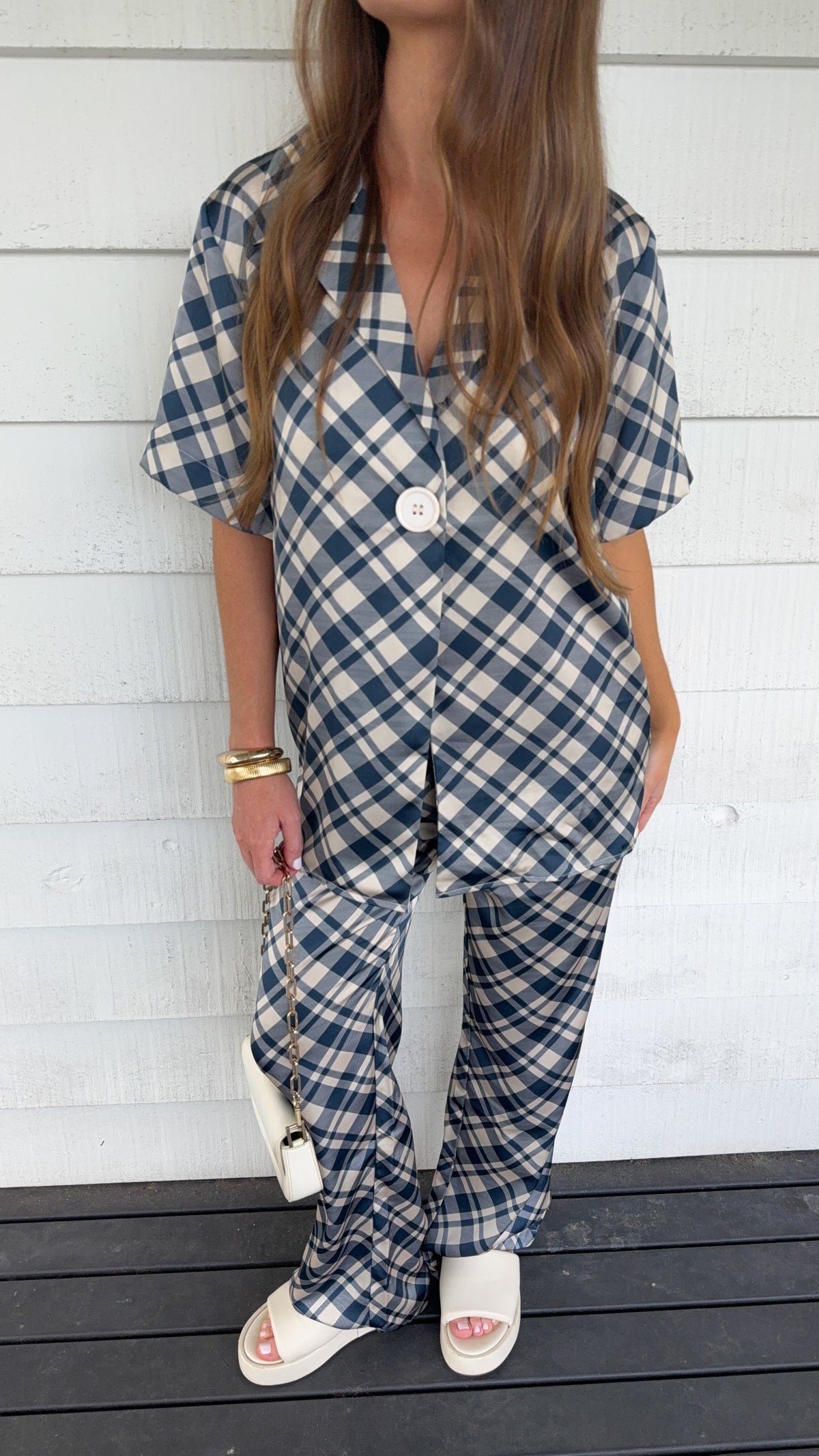 Imogen Button Shirt - Blue/Cream Plaid - Billy J