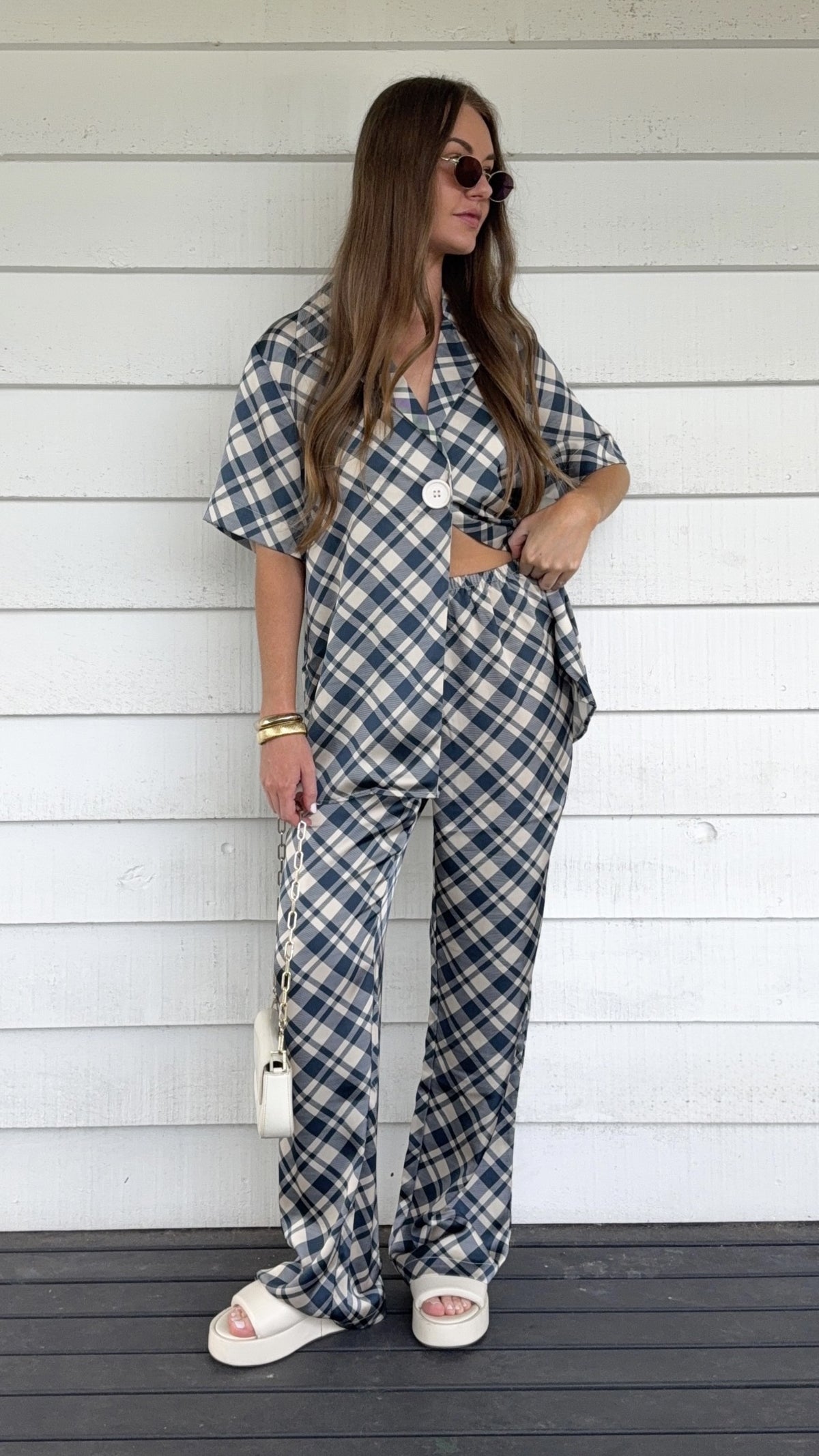 Imogen Button Shirt - Blue/Cream Plaid - Billy J