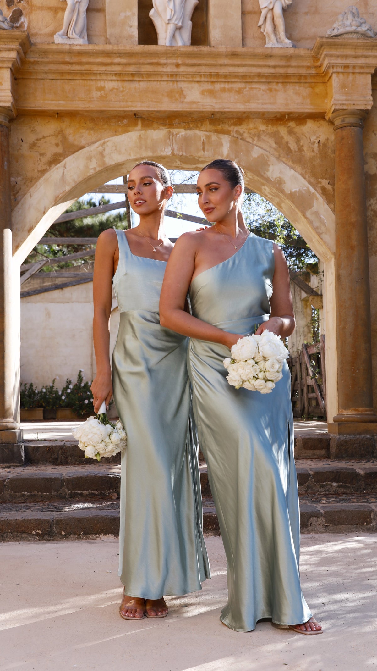 billy j bridesmaid dresses Sage – Billy J Satin Champagne Maxi