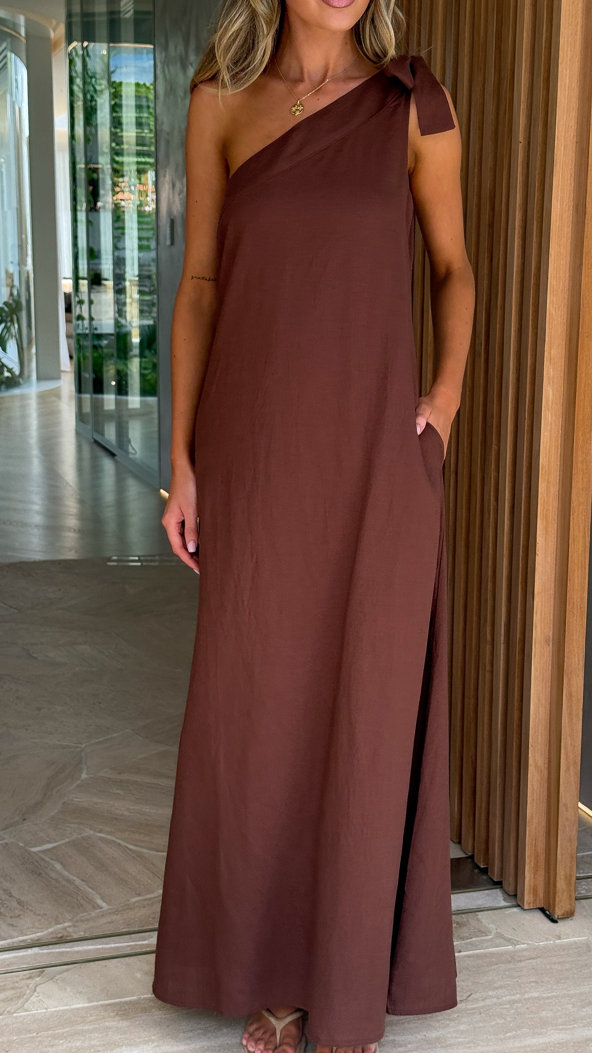 Winnie One Shoulder Maxi Dress - Chocolate - Billy J