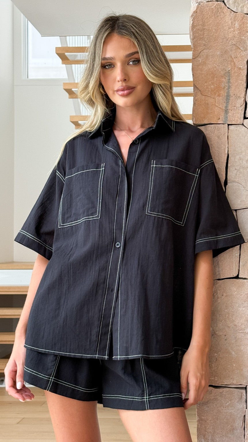 Sarafina Button Up Shirt and Shorts Set - Black - Billy J