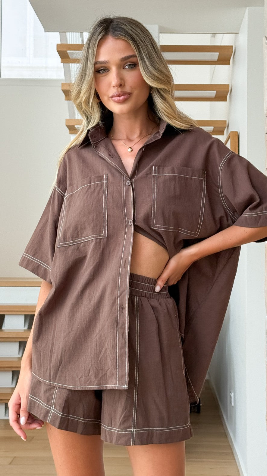 Sarafina Button Up Shirt and Shorts Set - Chocolate - Billy J