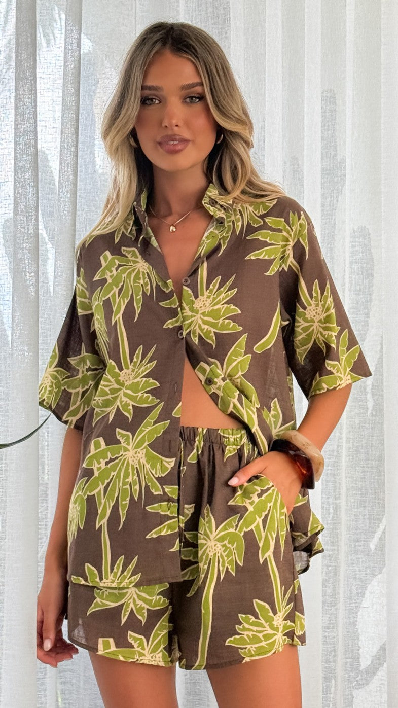 Ravenna Button Up Shirt and Shorts Set - Brown/Green Palm - Billy J