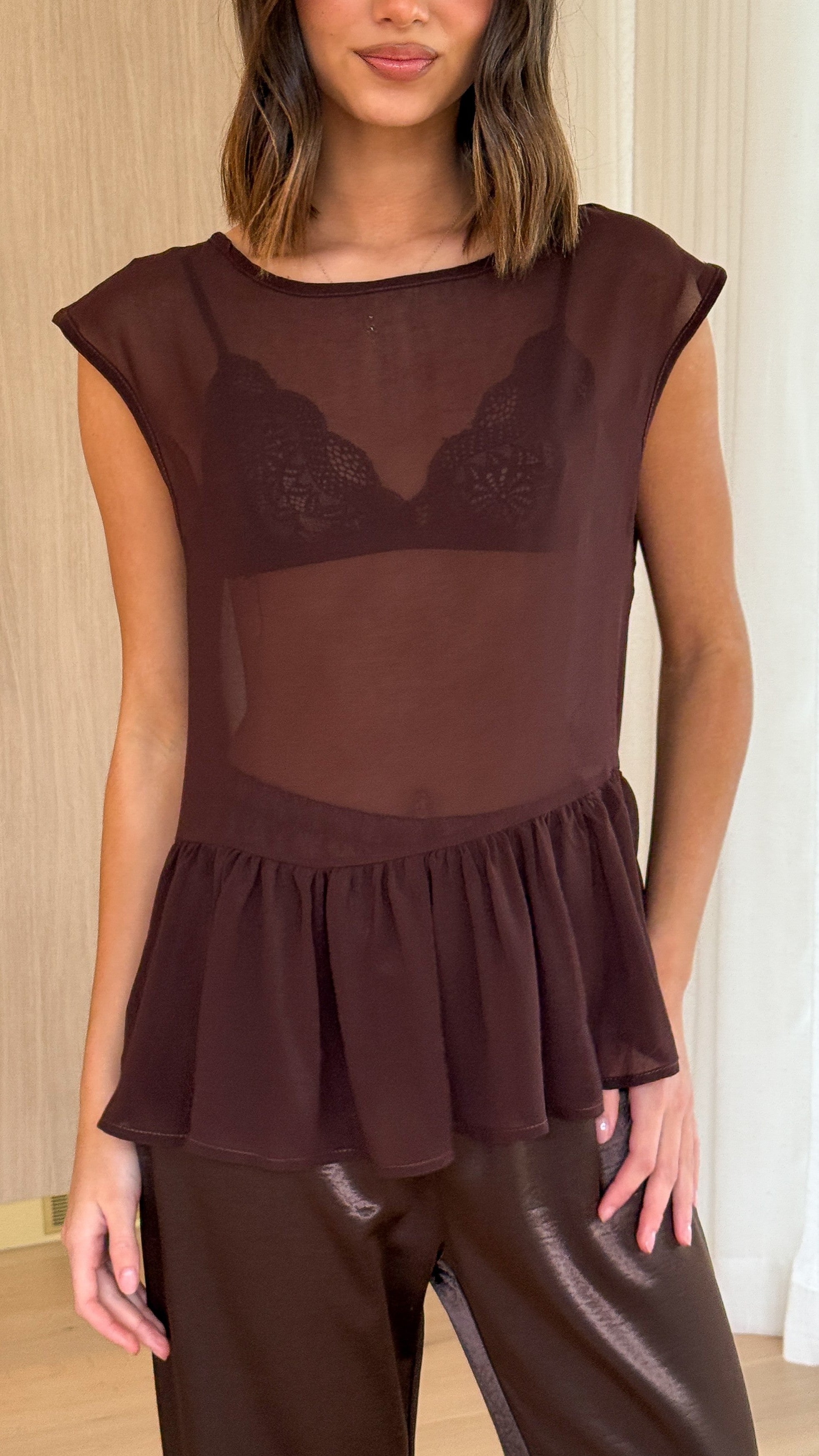 Deana Long Line Sheer Top - Brown - Billy J