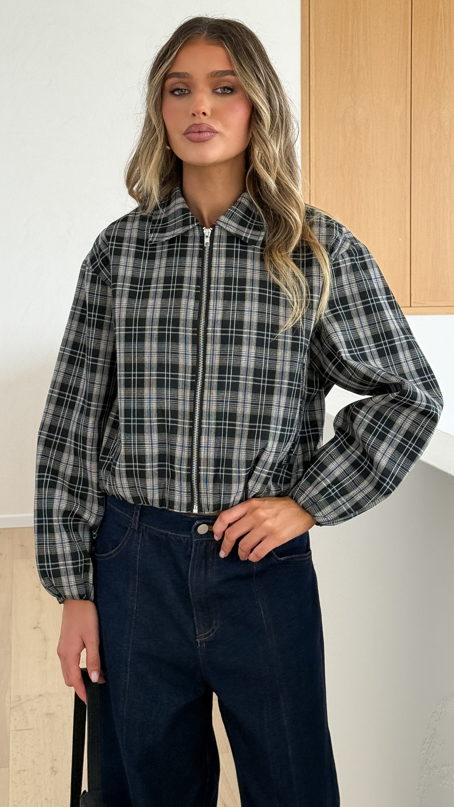 Brax Bomber Jacket - Black/Beige Plaid - Billy J