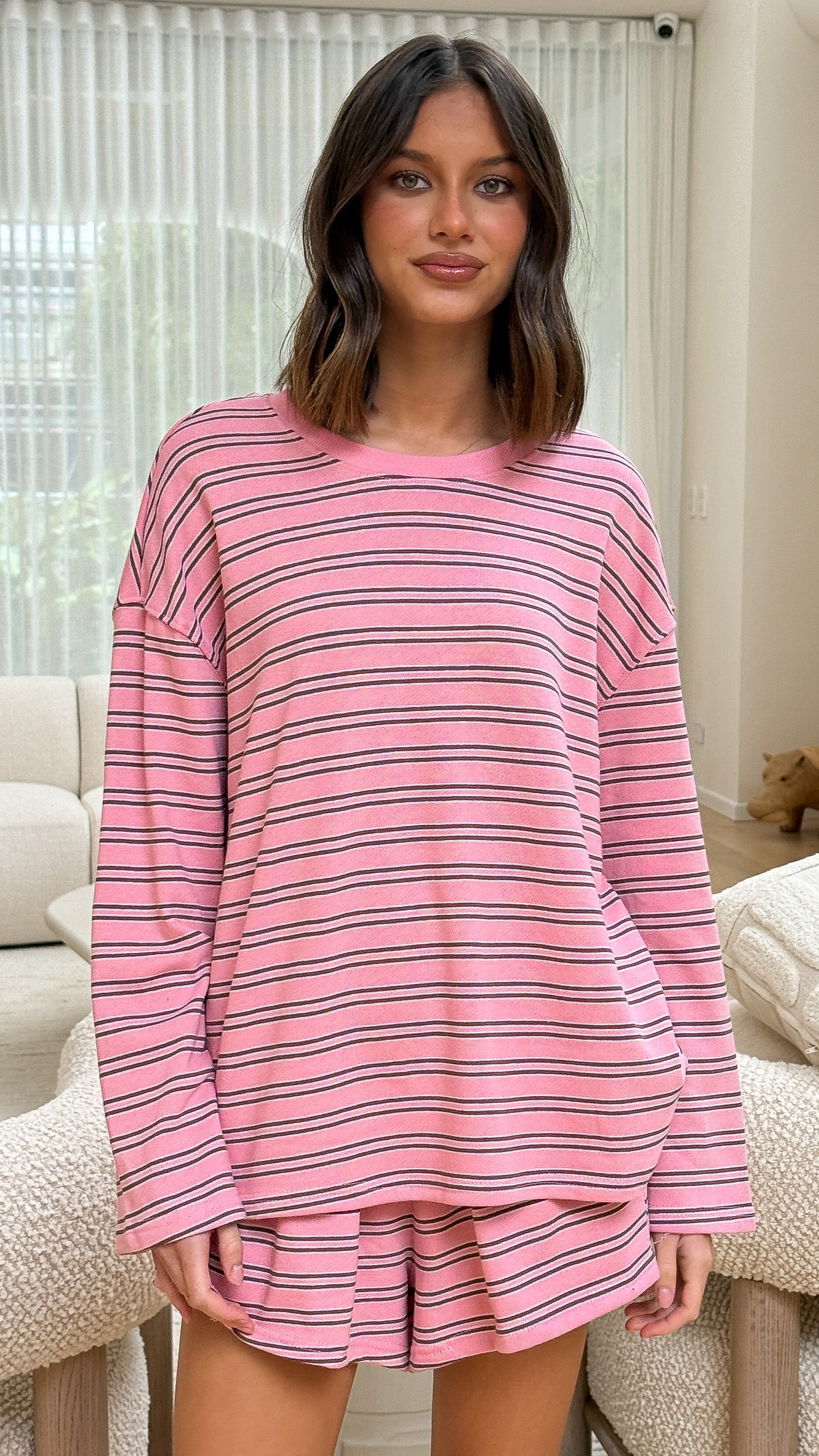 Everly Top And Shorts Set - Pink/Choc Stripe - Billy J