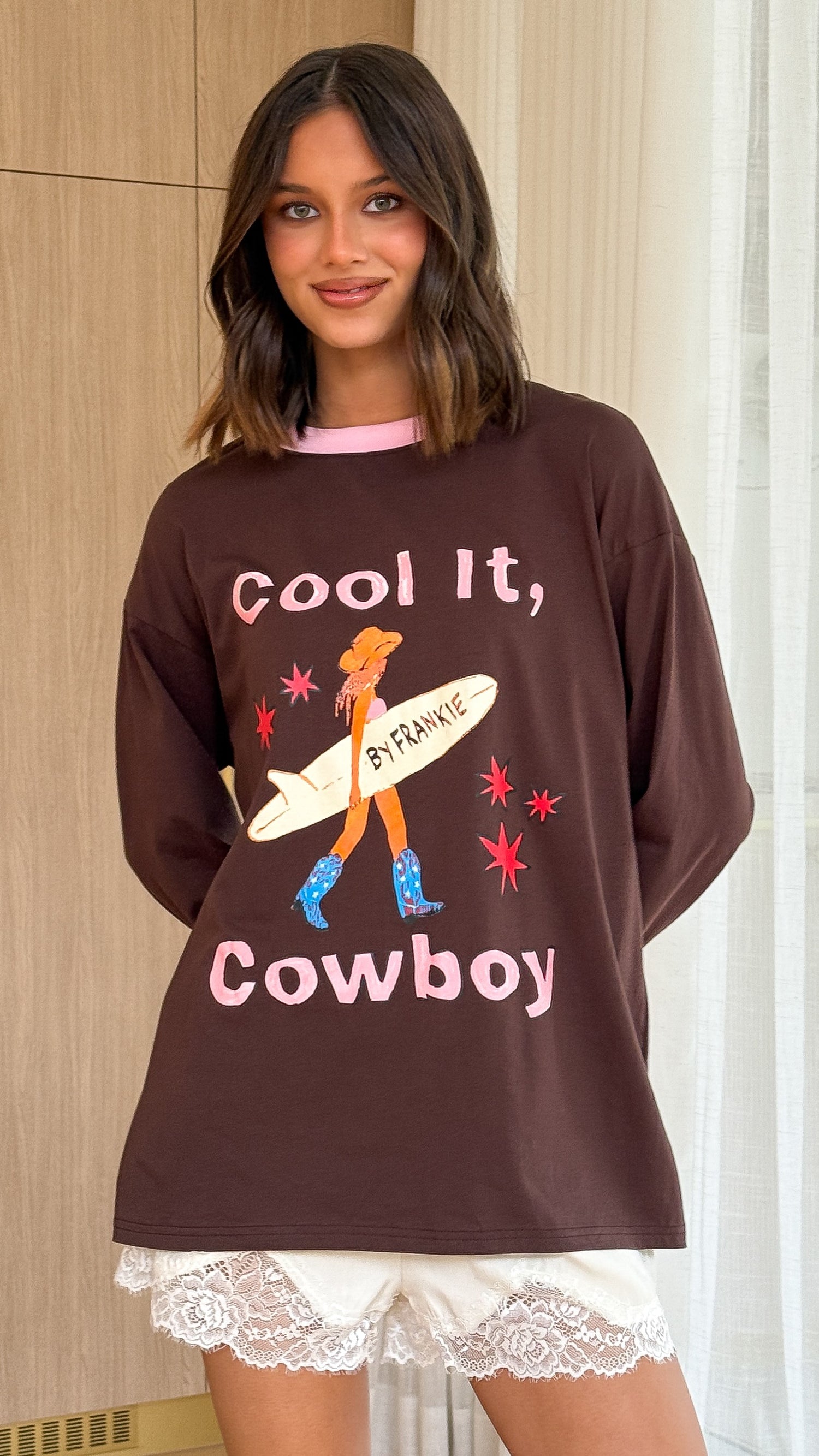 Cool It Cowboy Long Sleeve Top - Chocolate/Pink - Billy J