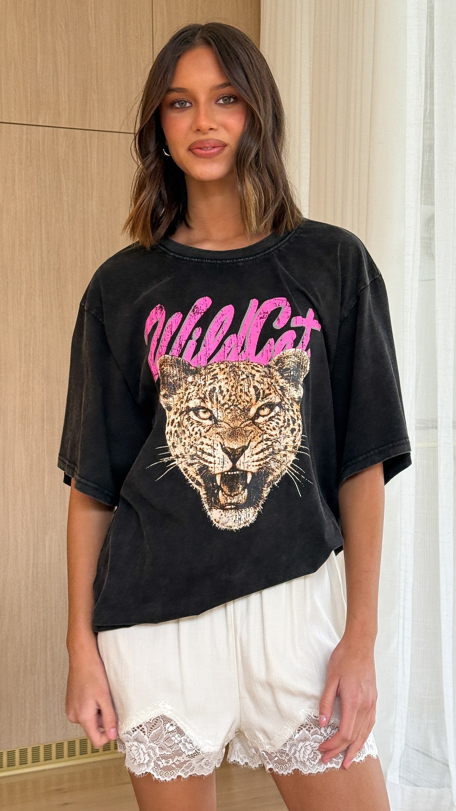 Wild Cat Oversized Tee - Black Acid Wash - Billy J
