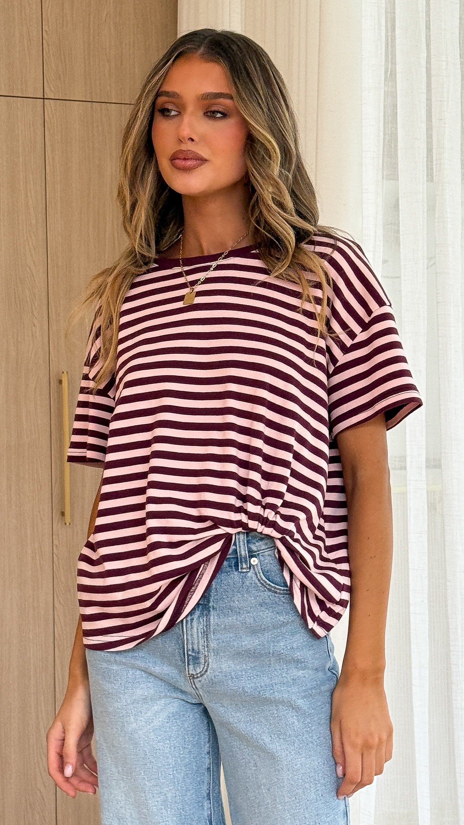 Clara Tee - Burgundy/Pink Stripe - Billy J